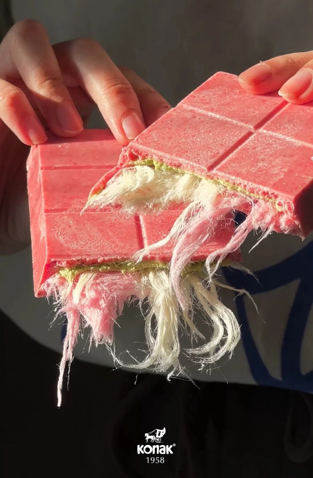 Close-up of the Angel Hair chocolate bar, resembling the delicate texture of angel hair with ruby pink chocolate