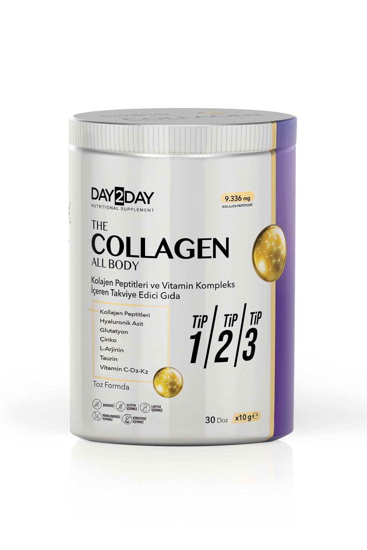 DAY2DAY The Collagen All Body is a comprehensive collagen complex powder formulated with bovine-sourced Type I, Type II, and Type III Collagen Peptides, combined with Hyaluronic Acid, Vitamin C (Ascorbic Acid), Vitamin D3 (Cholecalciferol), Vitamin K2 (Me