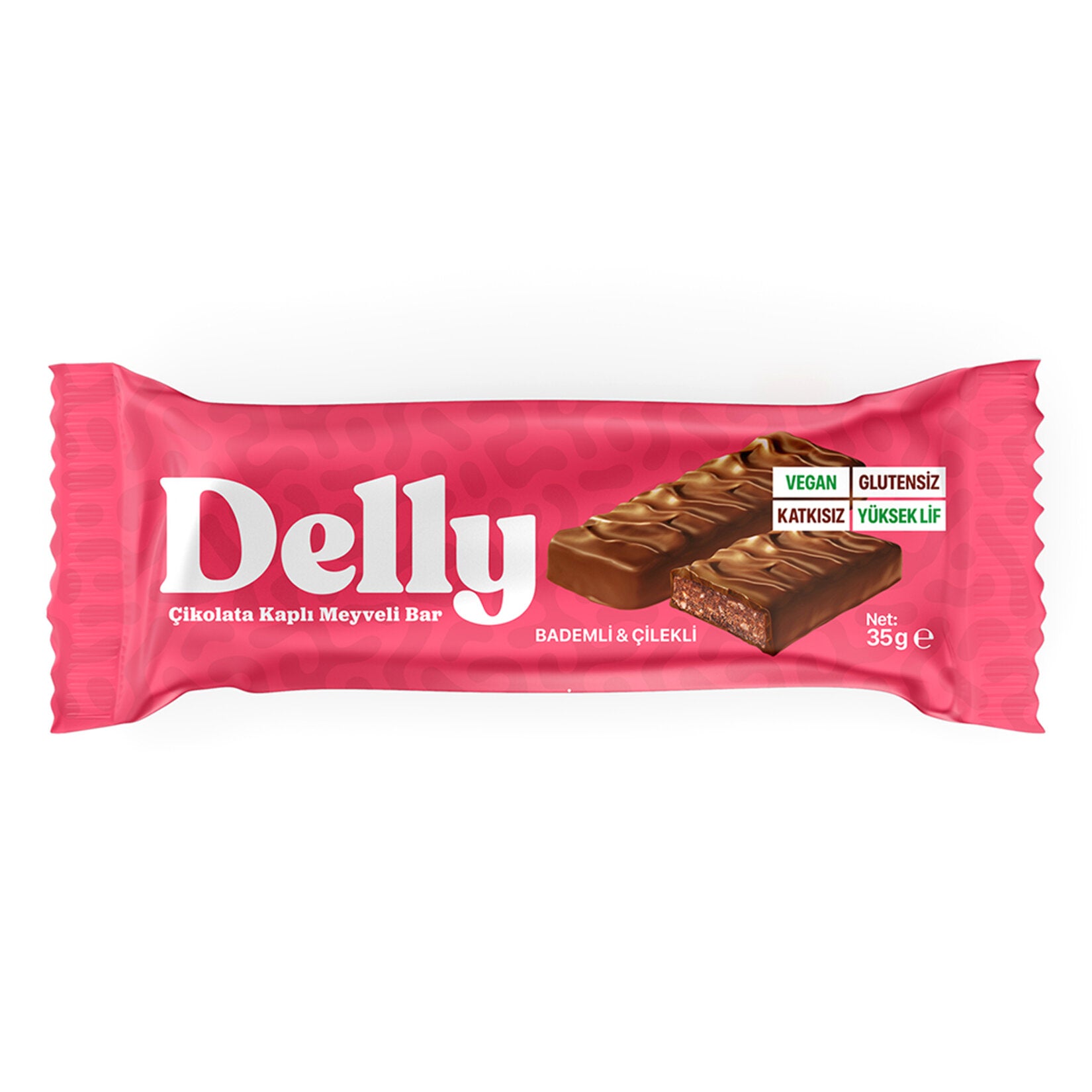 Experience a naturally sweet and satisfying snack with the Delly Chocolate Covered Almond & Strawberry Fruit Bar.