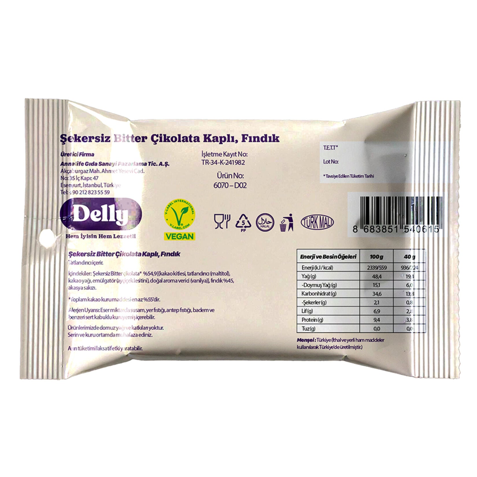 Enjoy the rich taste of Delly Sugar-Free Chocolate Covered Hazelnuts, a better-for-you snack made with roasted hazelnuts coated in smooth sugar-free dark chocolate.