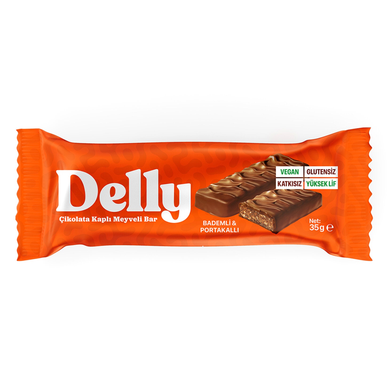 Experience the refreshing taste of the Delly Vegan Almond & Orange Fruit Bar, a deliciously wholesome snack crafted in Türkiye.