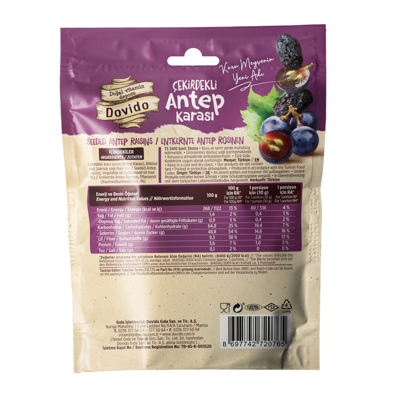 Dovido Antep Karasi Dried Grapes bring the rich taste of one of Türkiye’s most prized grape varieties straight to your snack table.