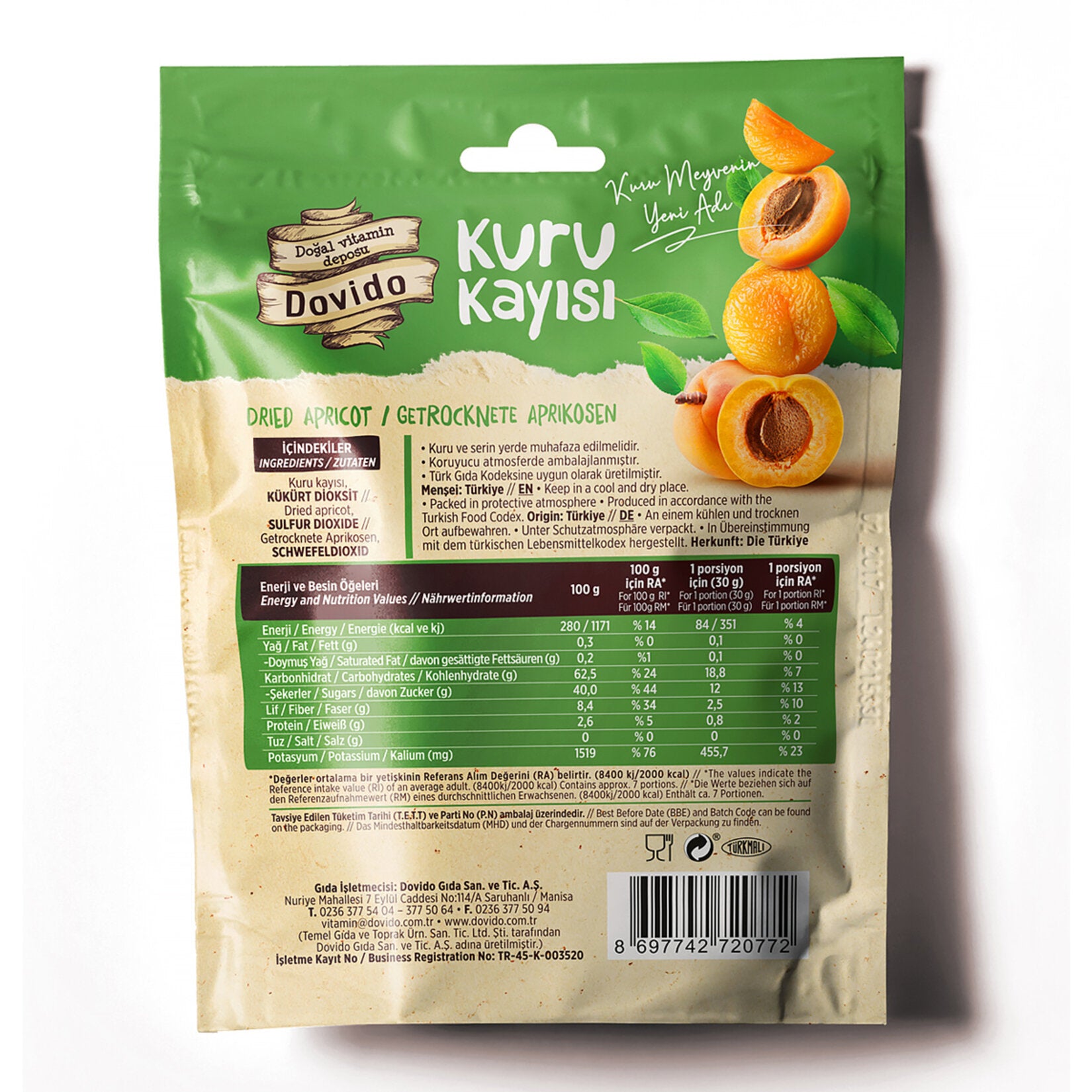 Enjoy the naturally sweet and chewy taste of Dovido Dried Apricots, a wholesome snack made from premium sun-dried apricots sourced from Türkiye.