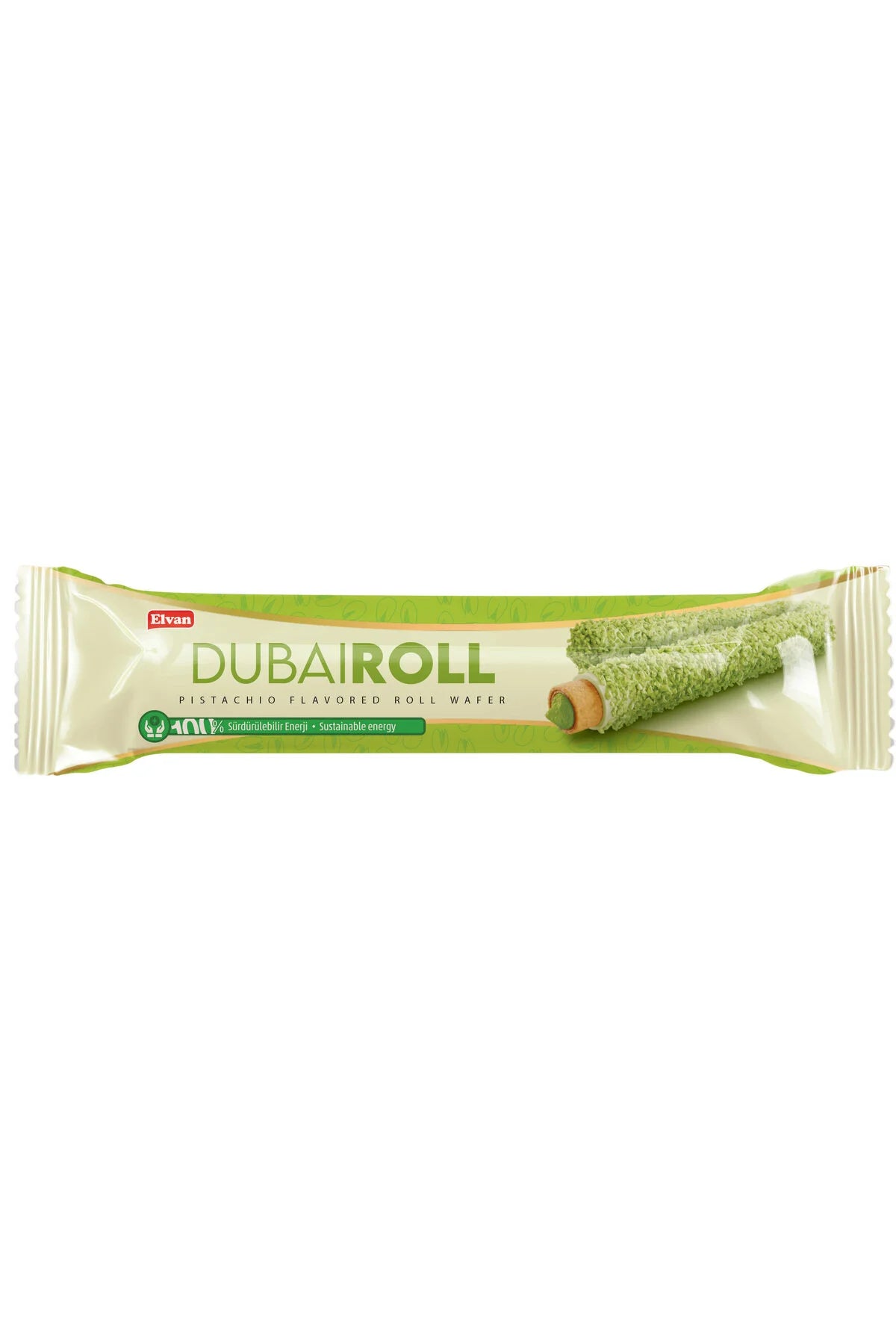Elvan Dubai Roll Wafer with Pistachio Cream Filling – 0.63 oz (18 G) x 24 Pieces (1 Box)