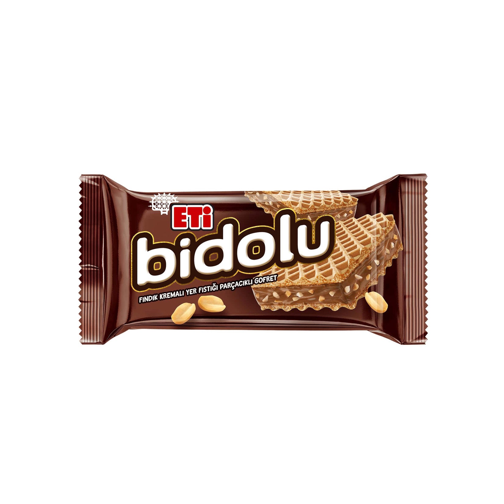 Eti Bidolu Peanut Pieces Hazelnut Cream Wafer brings together the rich taste of hazelnut cream and crunchy peanut pieces in a light, crispy wafer.
