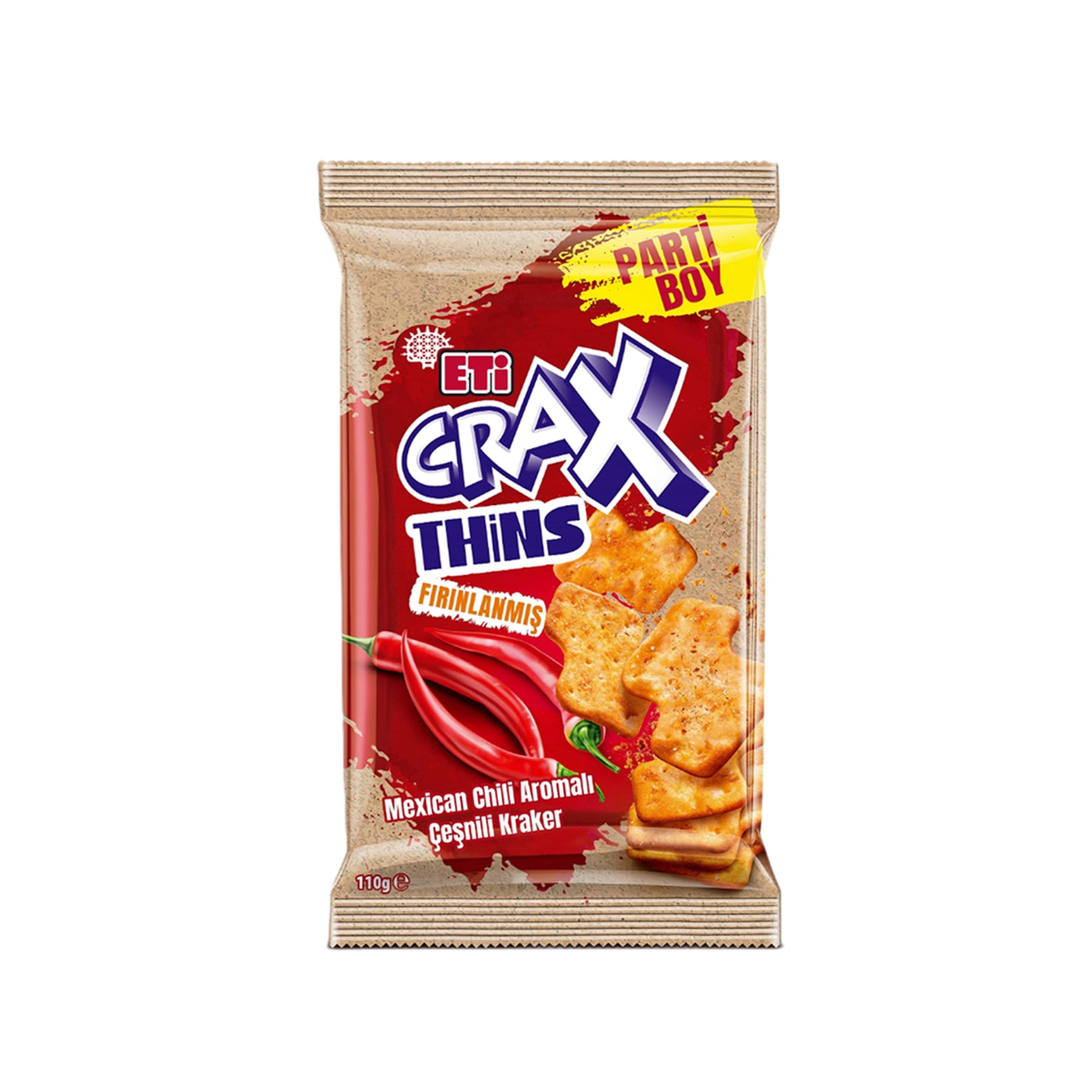 Spice up your snack time with Eti Crax Thins Mexican Chili — a bold and crispy cracker packed with the fiery flavor of Mexican chili.