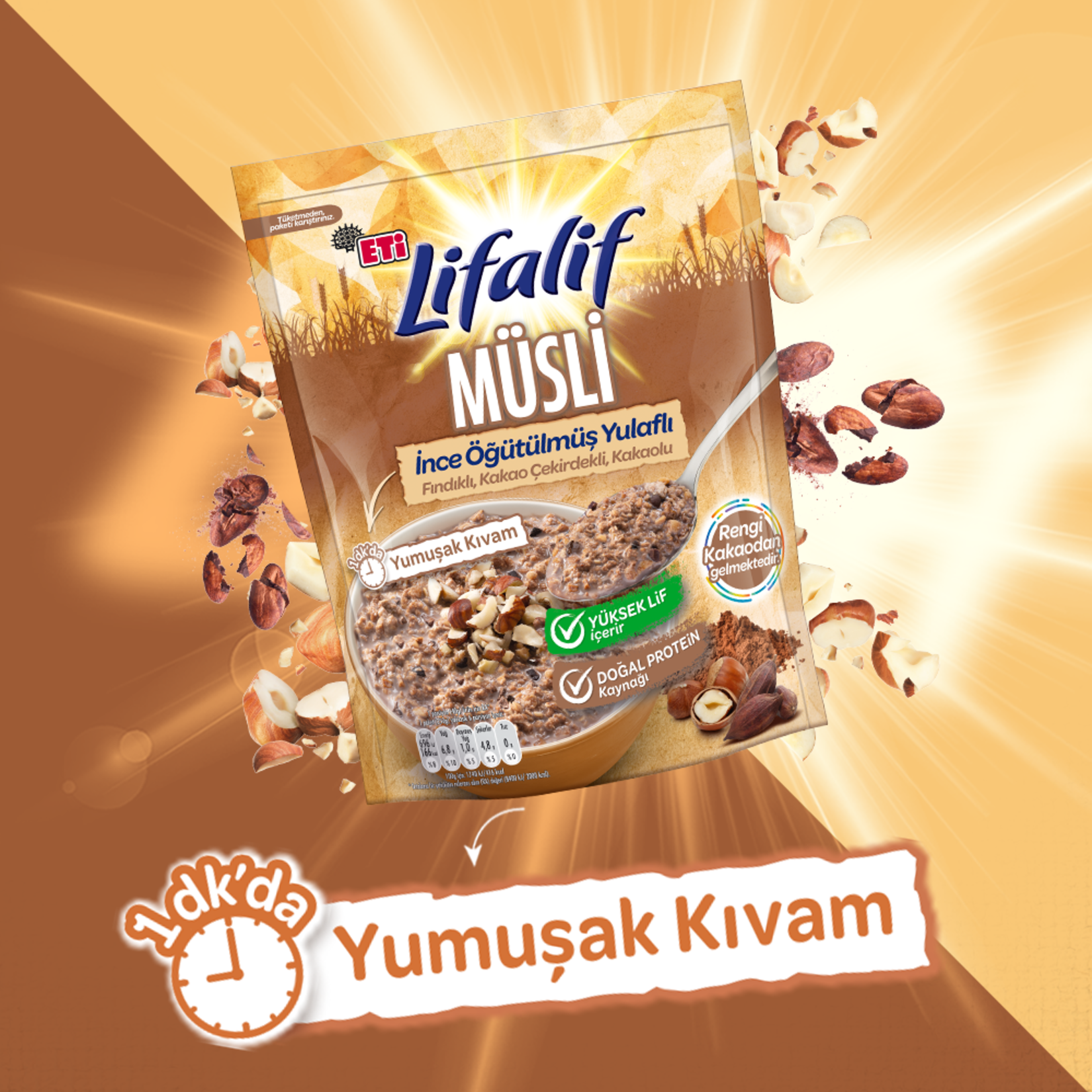 Lifalif Cacao Fine Milled Muesli brings together finely milled oats, crunchy hazelnuts, and rich cocoa for a balanced and satisfying breakfast.