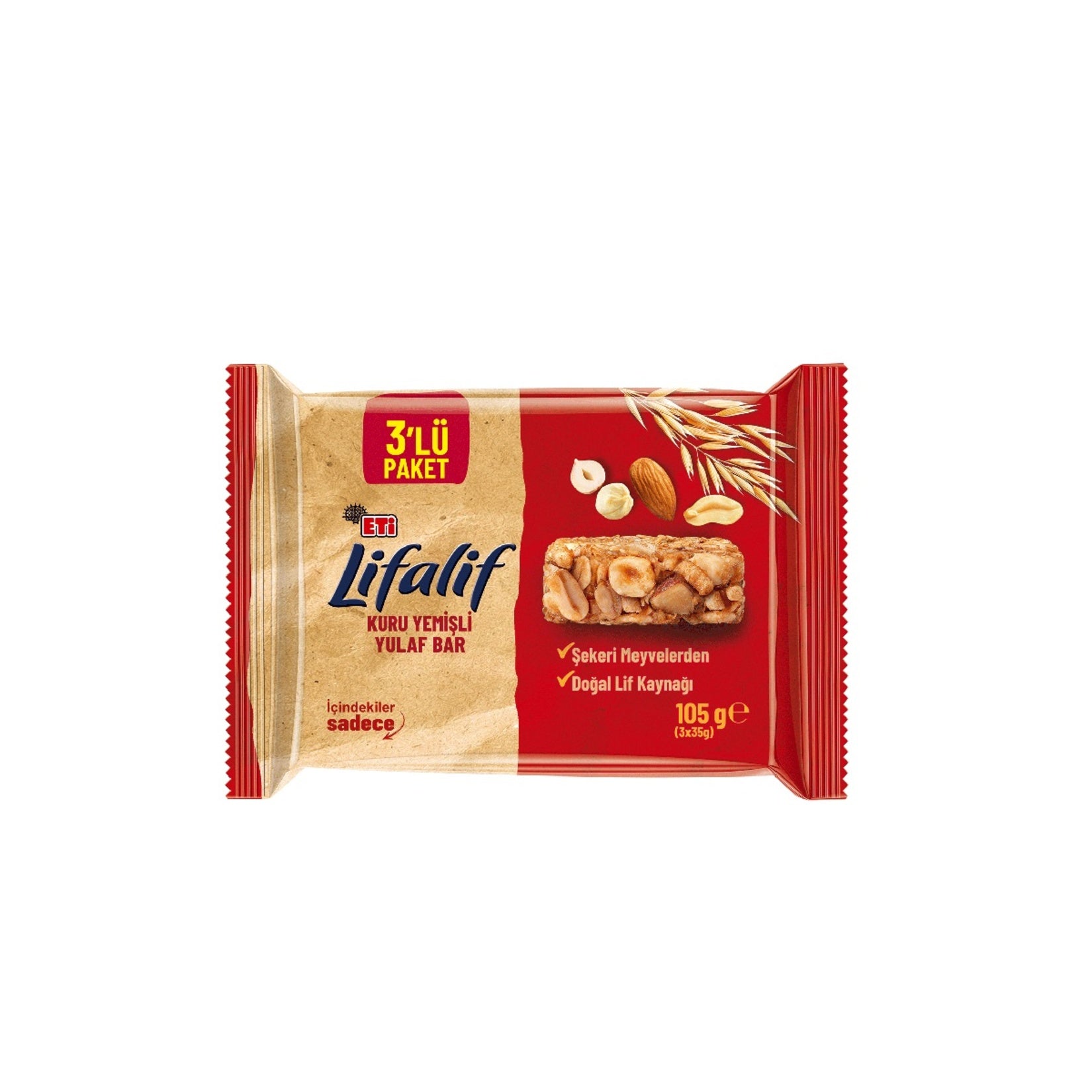 Eti Lifalif Dried Fruit Oat Bar is a wholesome and satisfying snack made with 36% rolled oats, 17.3% peanuts, hazelnuts, almonds, and sweetened naturally with date extract and apple juice concentrate.
