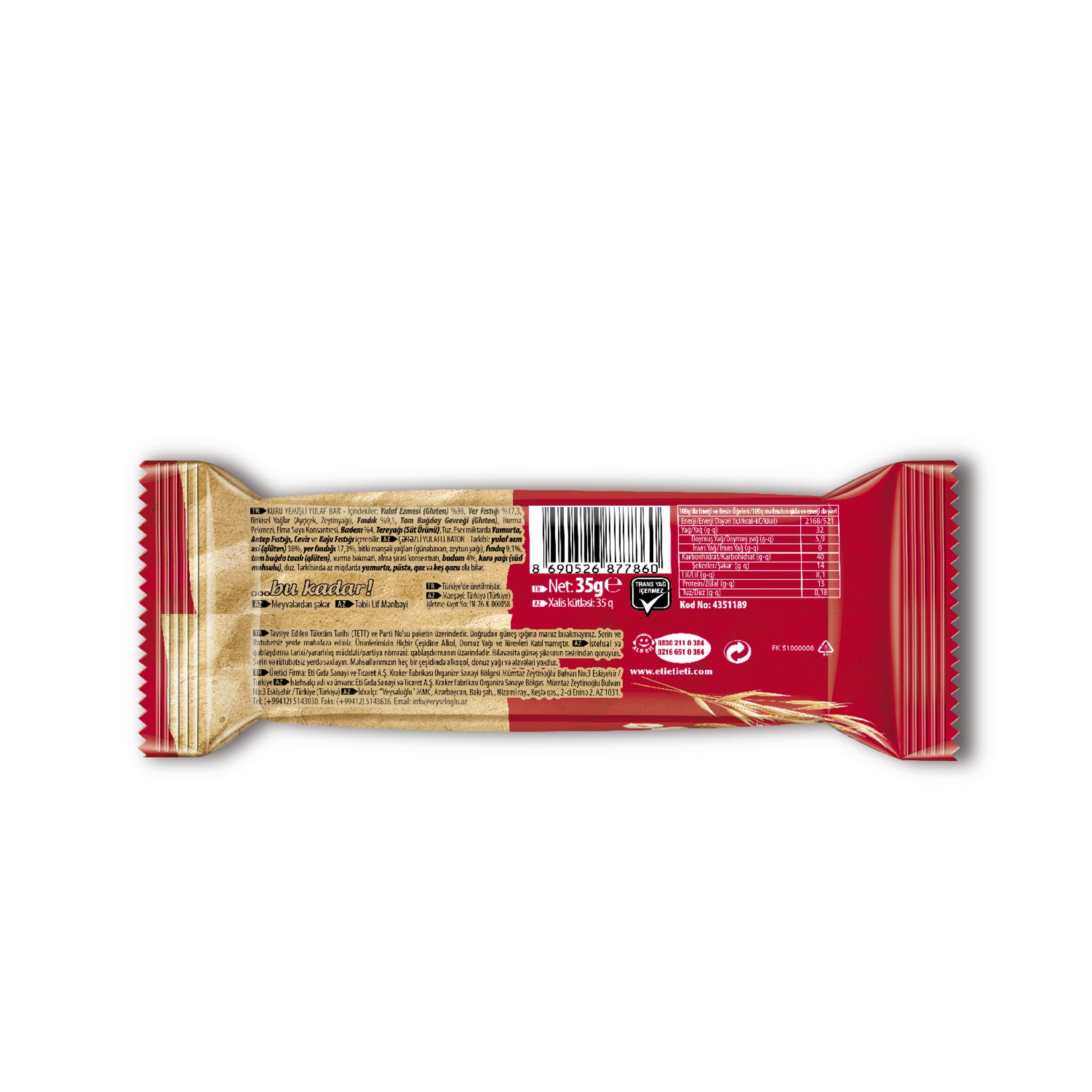 Eti Lifalif Dried Fruit Oat Bar is a wholesome and satisfying snack made with 36% rolled oats, 17.3% peanuts, hazelnuts, almonds, and sweetened naturally with date extract and apple juice concentrate.