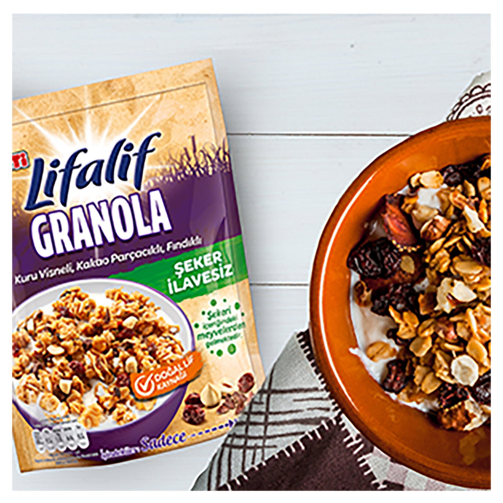 Start your morning with the balanced taste of Lifalif Granola with Sour Cherry, Cocoa Nibs and Hazelnut.