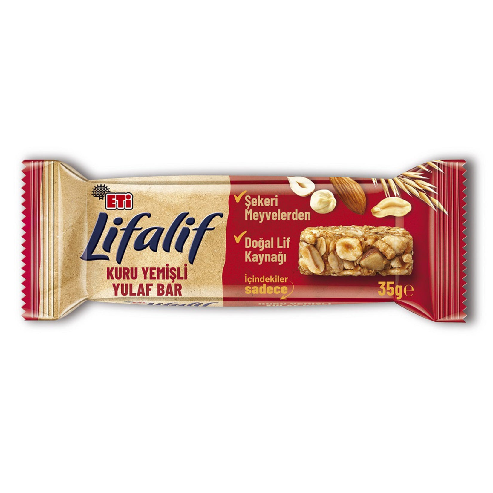 Eti Lifalif Kuru Yemisli Yulaf Bar combines hearty oats with a rich mix of nuts and natural fruit sweetness for a satisfying, on-the-go snack.