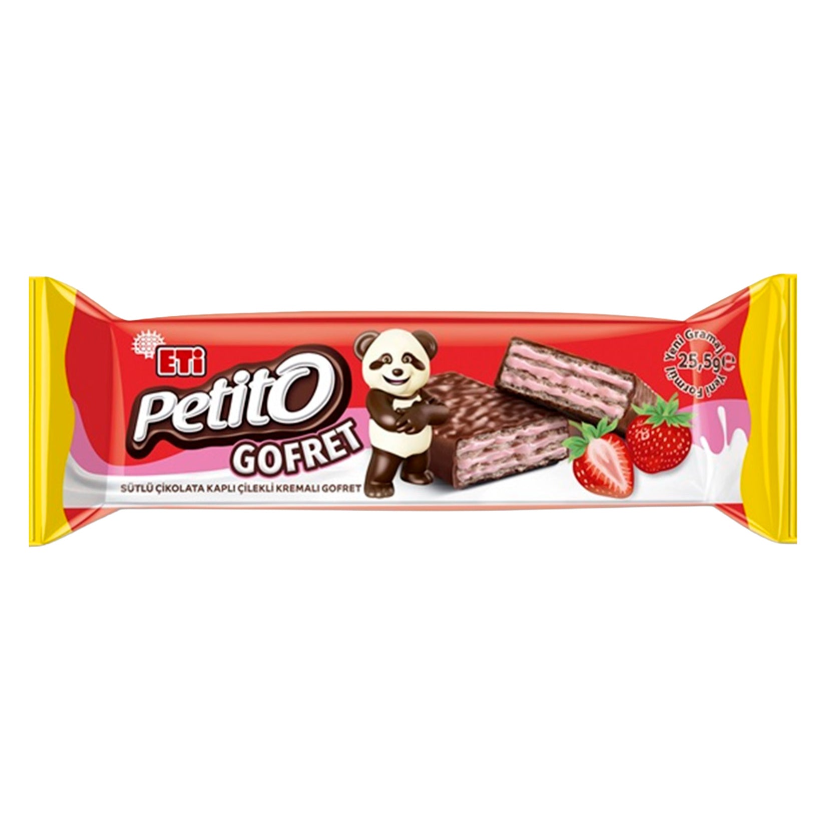 Eti Petito Milk Chocolate Coated Strawberry Cream Wafer is a deliciously light and crispy snack made with delicate wafer layers, smooth strawberry cream filling, and a rich milk chocolate coating.