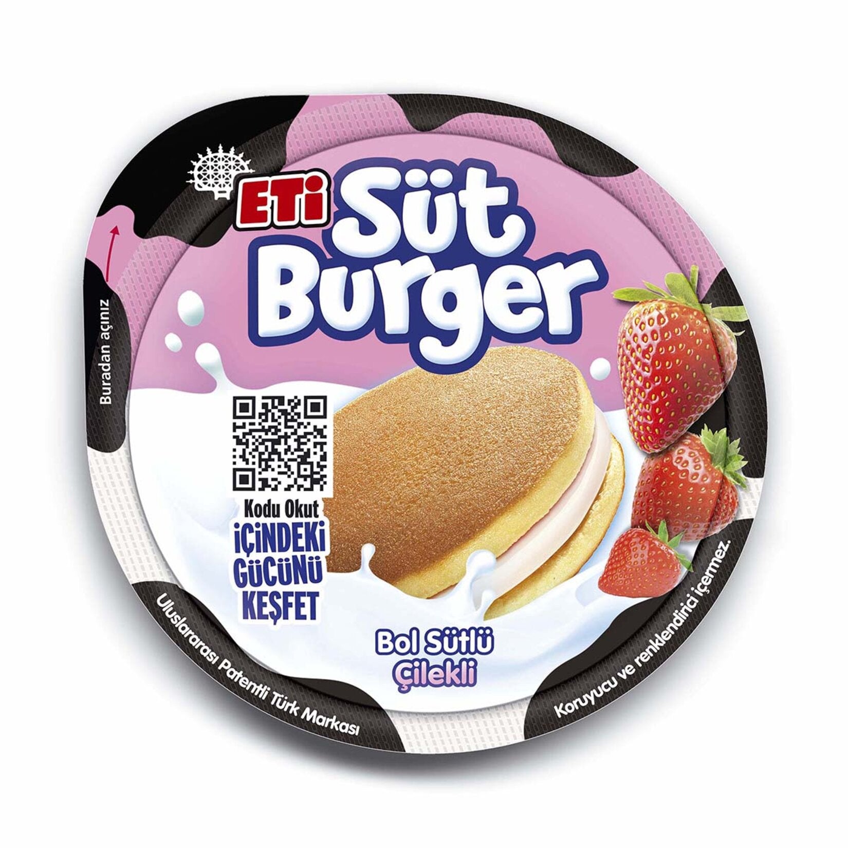 Eti Sut Burger Strawberry Cream Filled Honey Cake is a delightful treat that kids love. With its sof
