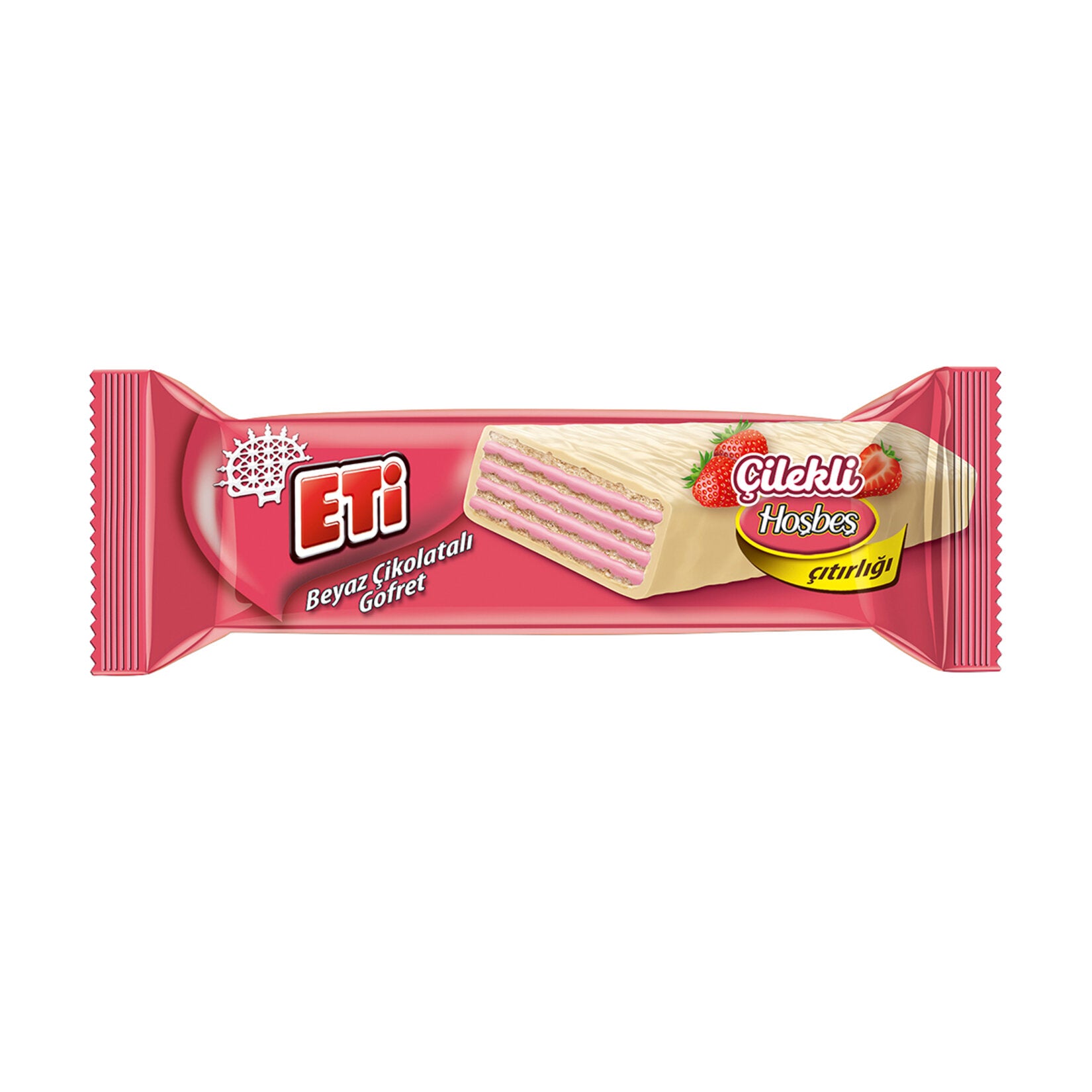 Experience the delightful combination of crispy wafer layers filled with rich strawberry cream and coated in smooth white chocolate with Eti White Chocolate Covered Strawberry Cream Wafer.