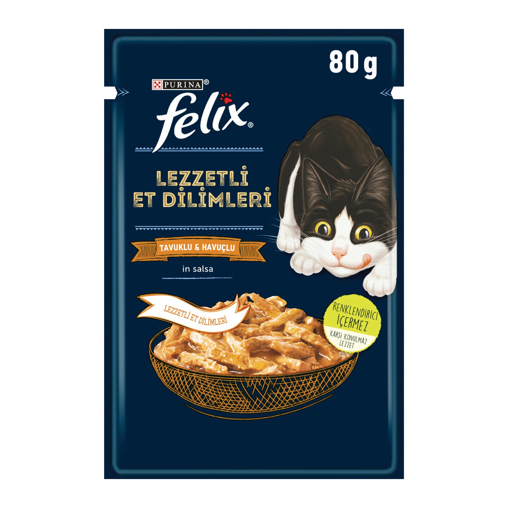 Felix Chicken Wet Cat Food Pouch 80g is a complete and balanced wet food made with tender pieces prepared with chicken for adult cats.
