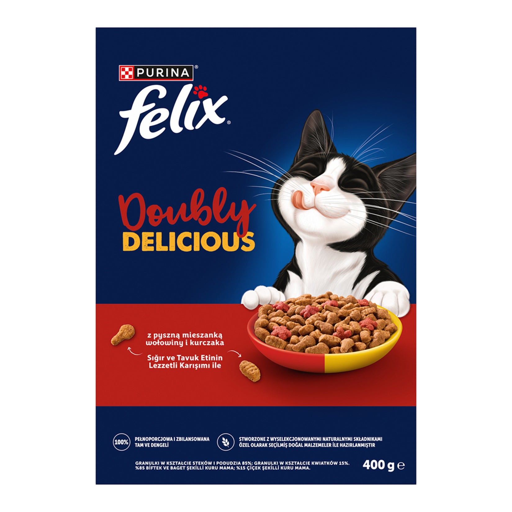 Felix Doubly Delicious Beef Cat Food 400 g is a complete and balanced dry food formulated for adult cats.