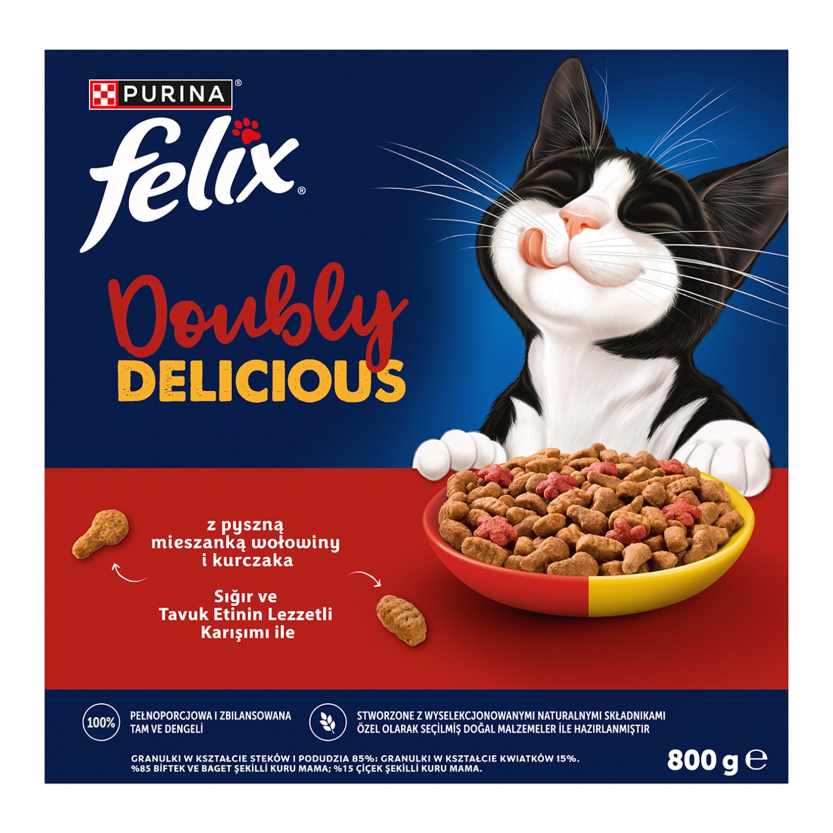 Felix Doubly Delicious Beef & Chicken Cat Food is a complete and balanced dry food formulated for adult cats.