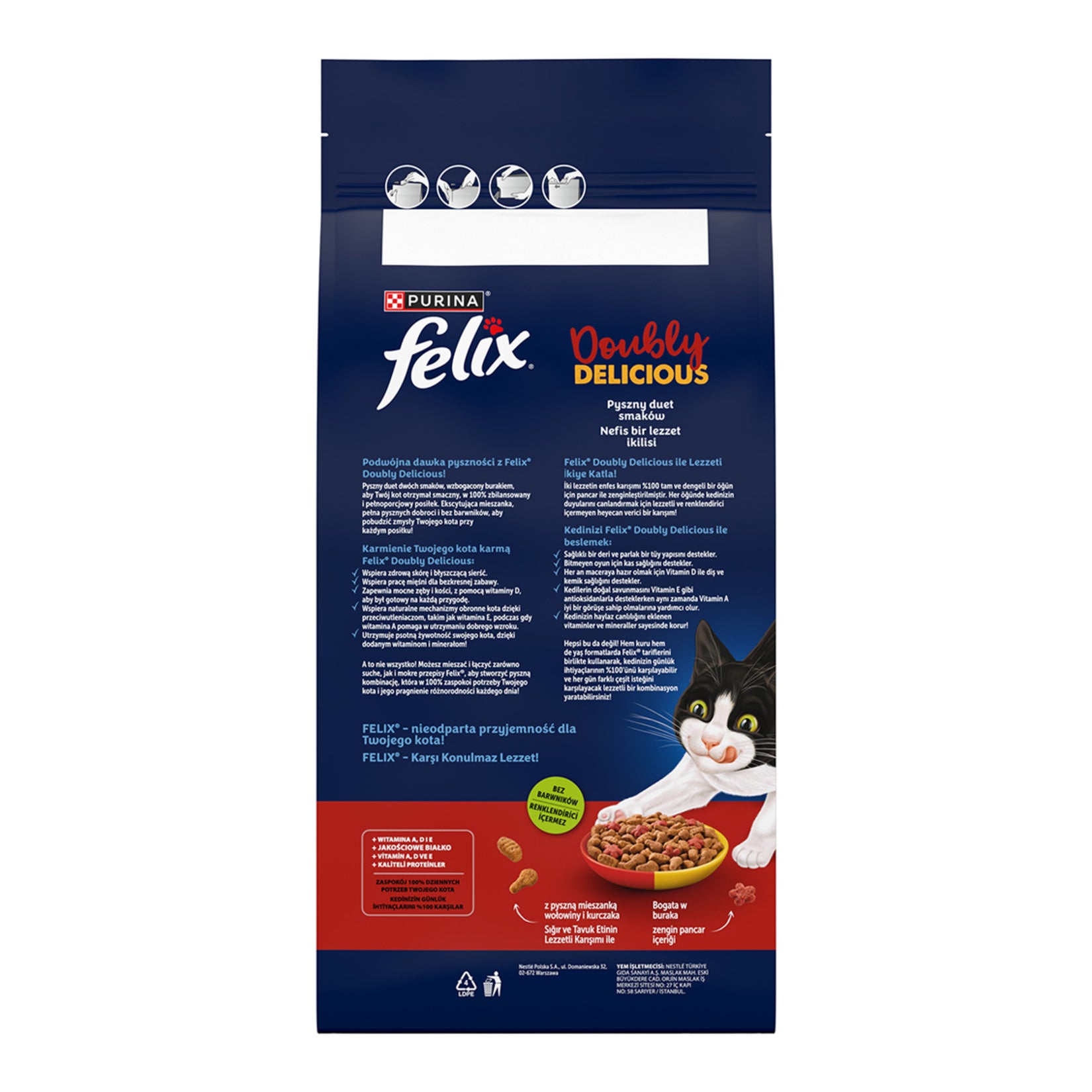 Felix Doubly Delicious Beef & Chicken Dry Cat Food is a complete and balanced dry food designed for adult cats.