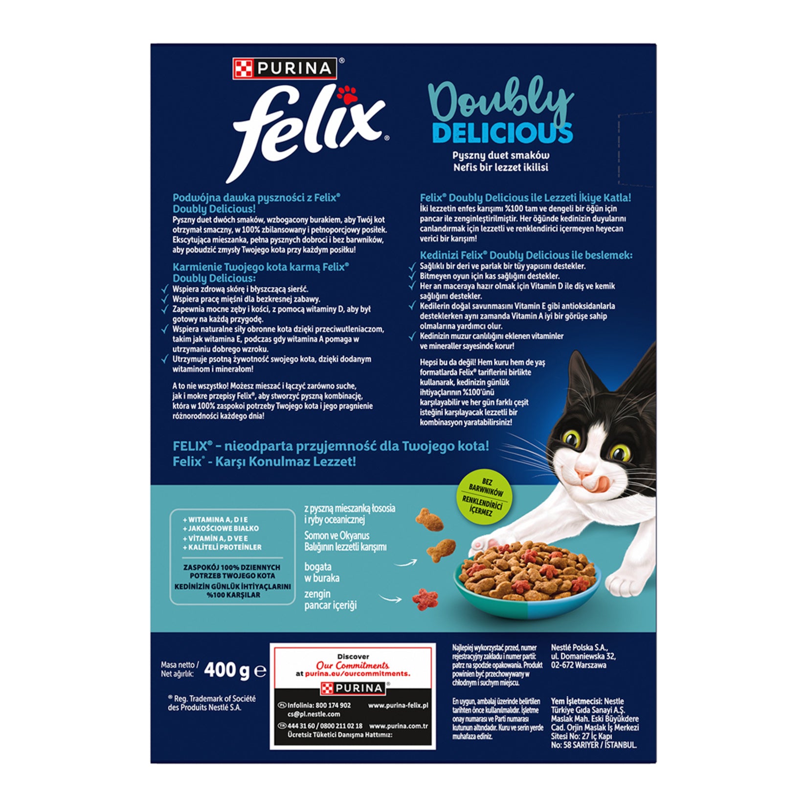 Felix Doubly Delicious Salmon & Ocean Fish Dry Cat Food 400g is a complete and balanced dry food developed for adult cats.