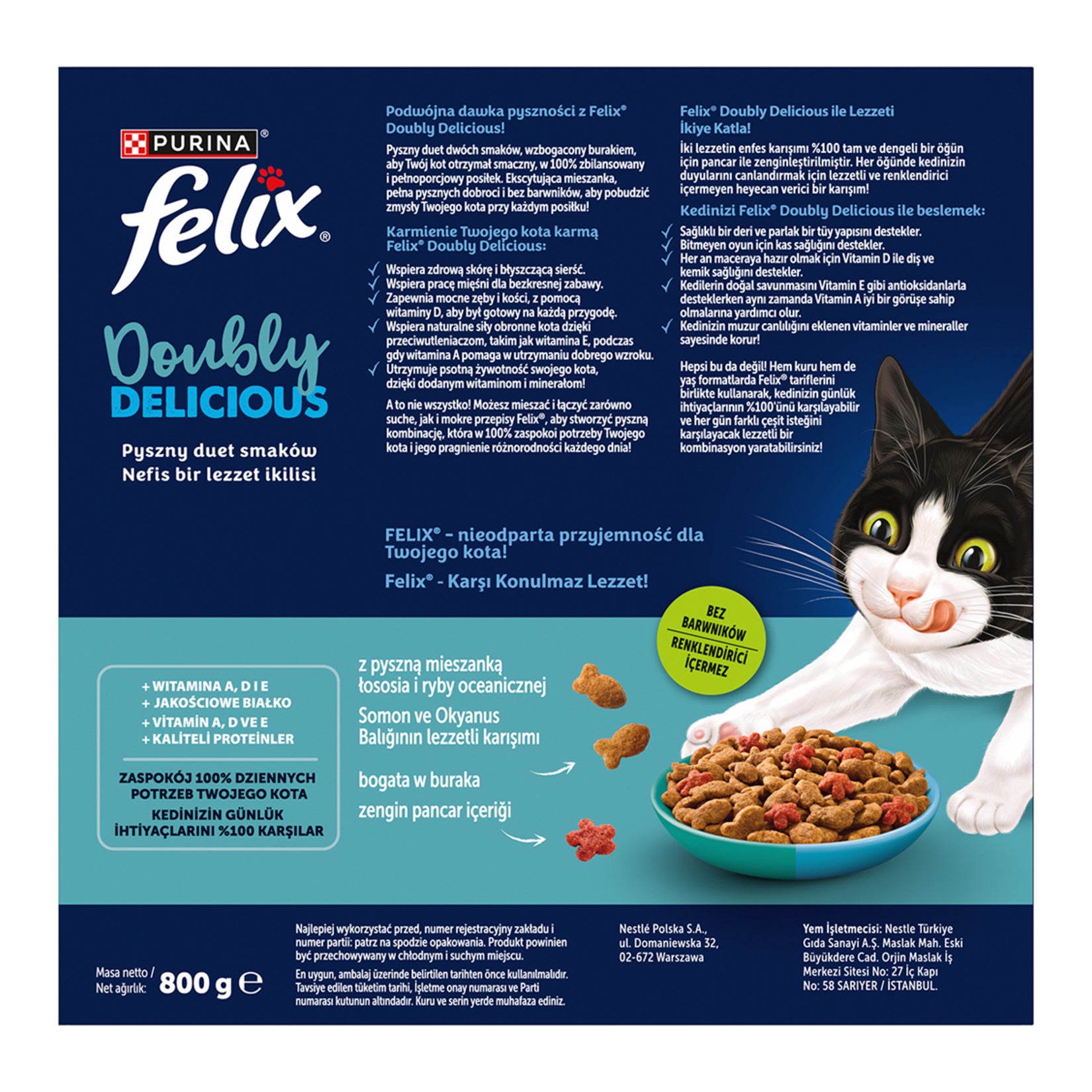 Felix Doubly Delicious Salmon & Ocean Fish Dry Cat Food is a flavorful dry formula specially crafted for adult cats who enjoy variety in every bite.