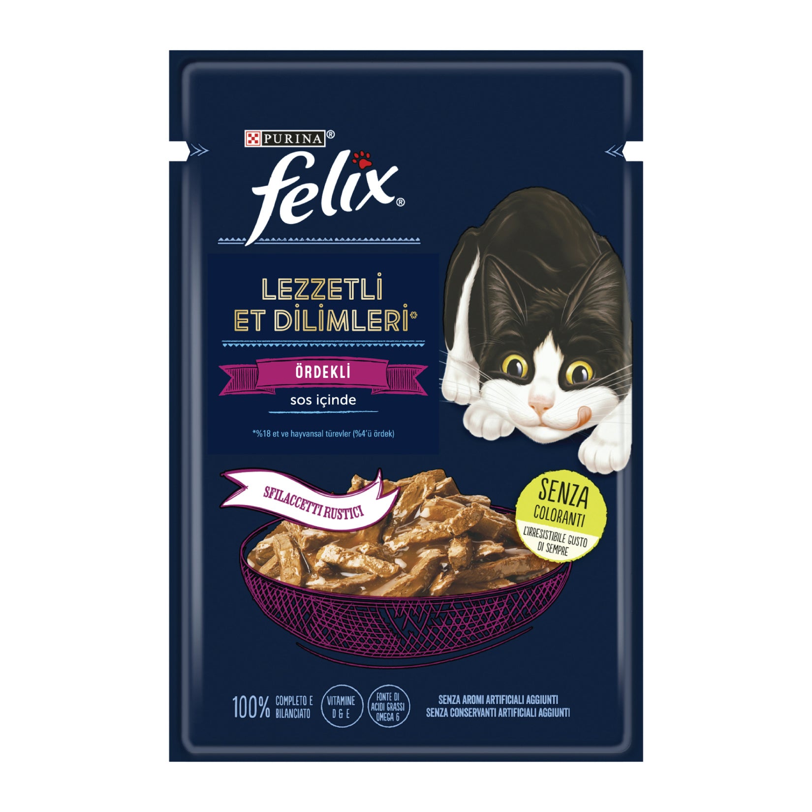 Felix Duck Wet Cat Food Pouch 80g is a complete and balanced wet food made with tender, flavorful pieces in a savory gravy.
