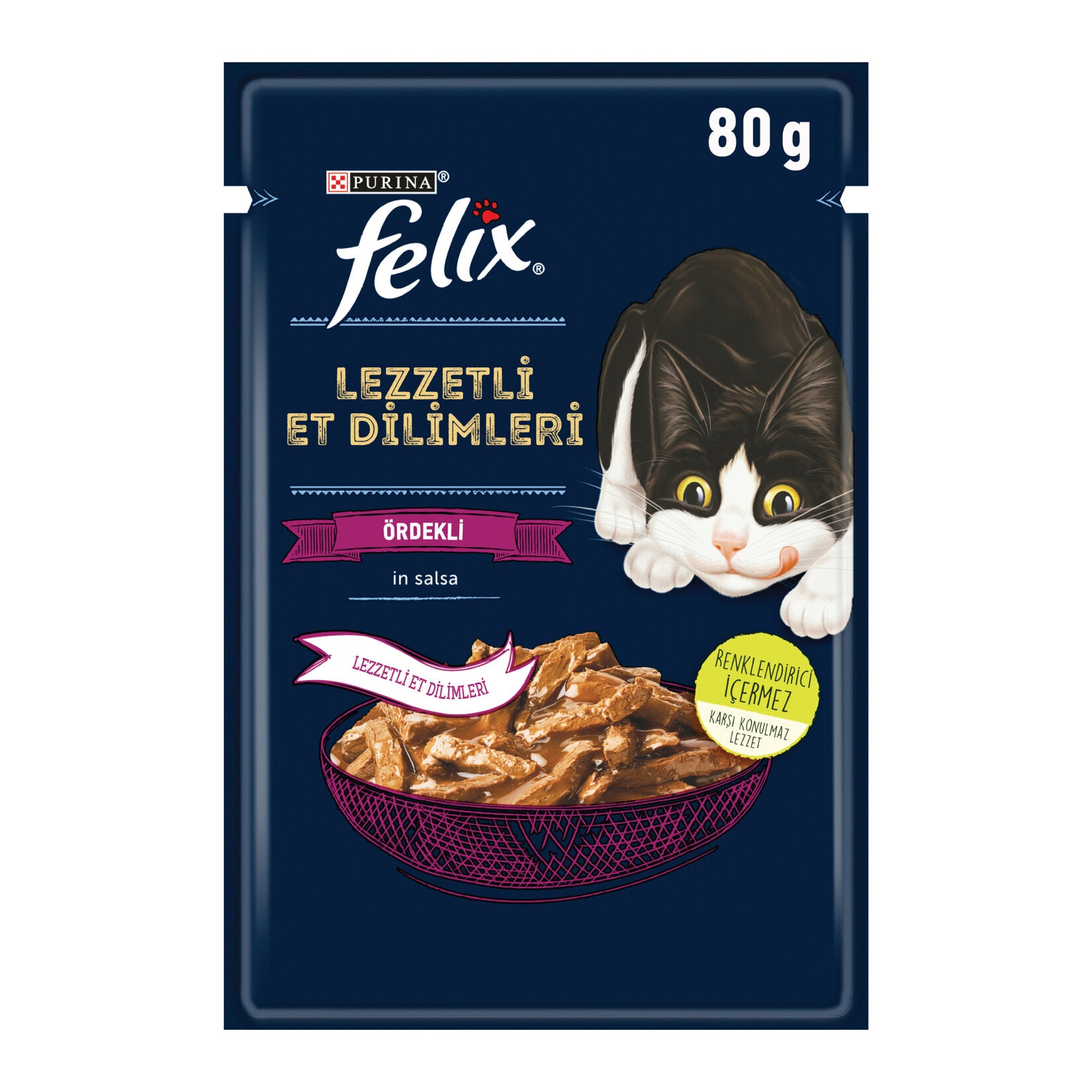 Felix Duck Wet Cat Food Pouch 80g is a complete and balanced wet food made with tender, flavorful pieces in a savory gravy.
