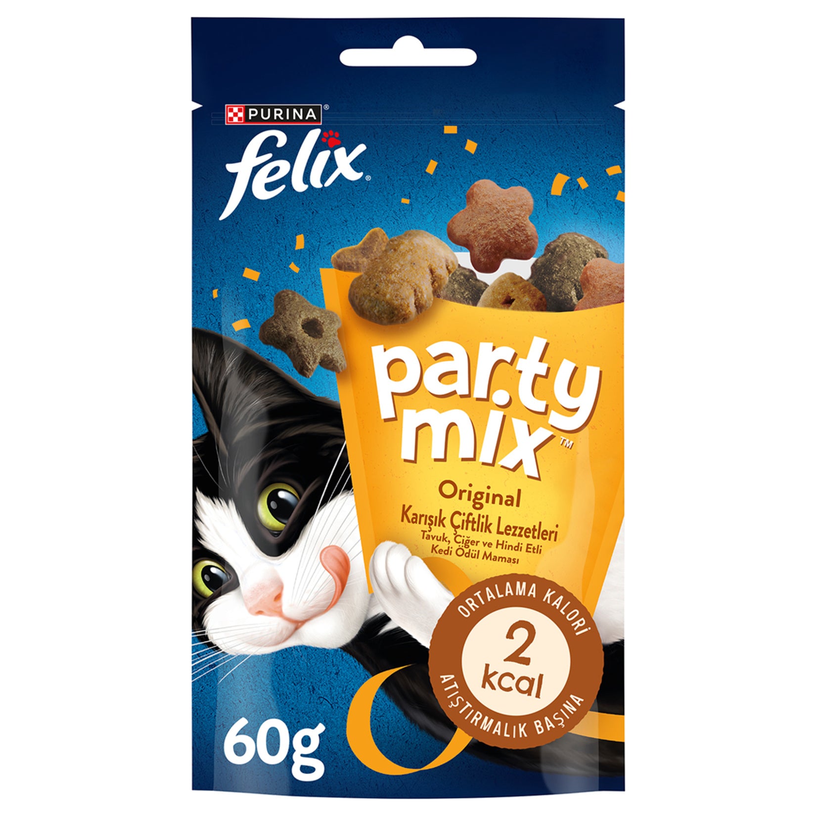Felix Party Mix Mixed Farm Cat Treat is a flavorful snack made with a variety of farm-inspired ingredients to delight adult cats.