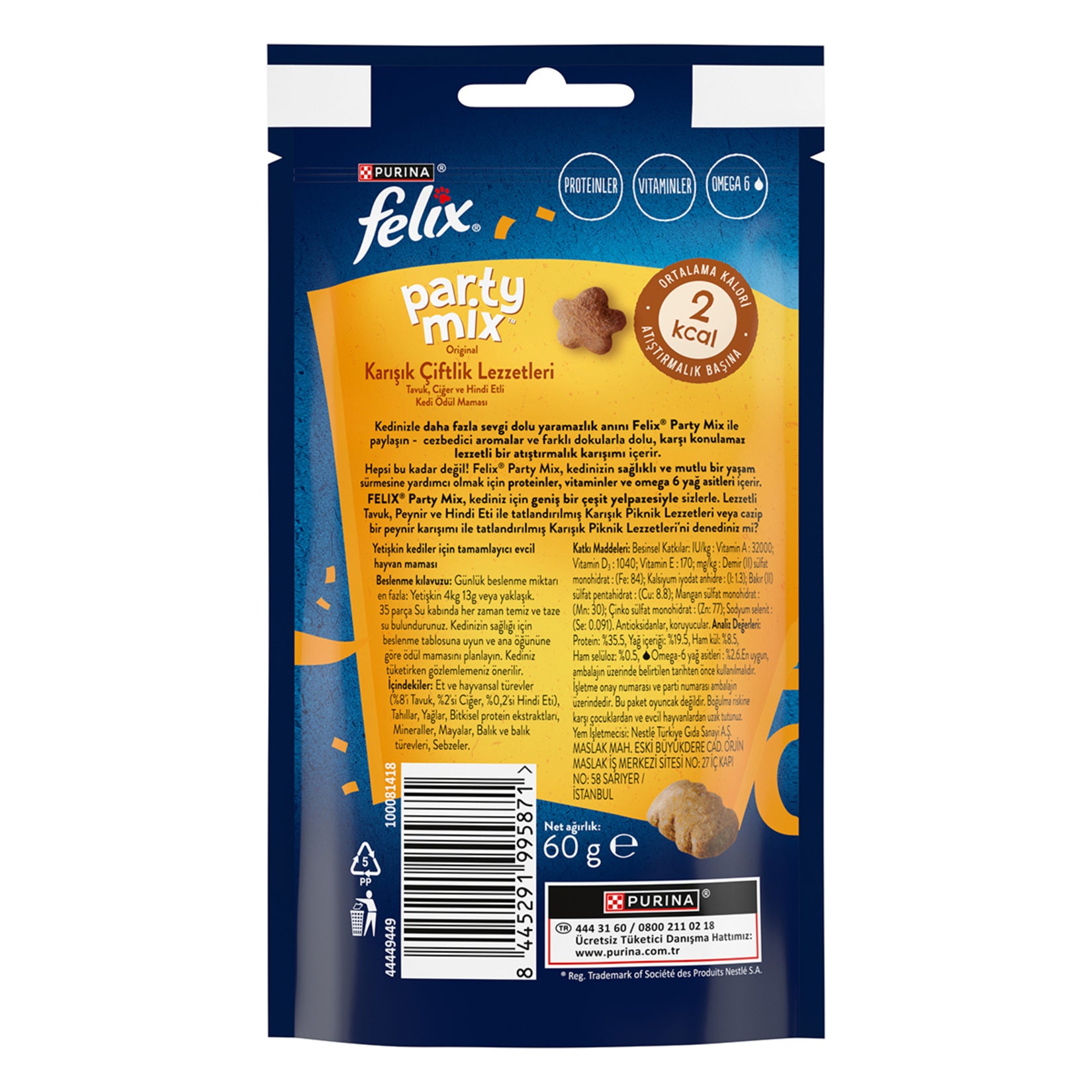 Felix Party Mix Mixed Farm Cat Treat is a flavorful snack made with a variety of farm-inspired ingredients to delight adult cats.