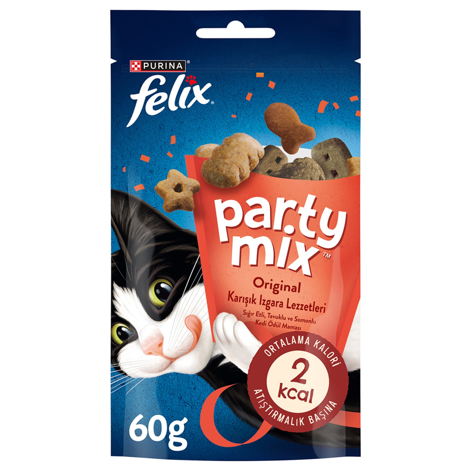 Felix Party Mix Mixed Grill Cat Treat is a flavorful reward snack made with a tasty blend of chicken (7%), beef (1%), and salmon (1%).