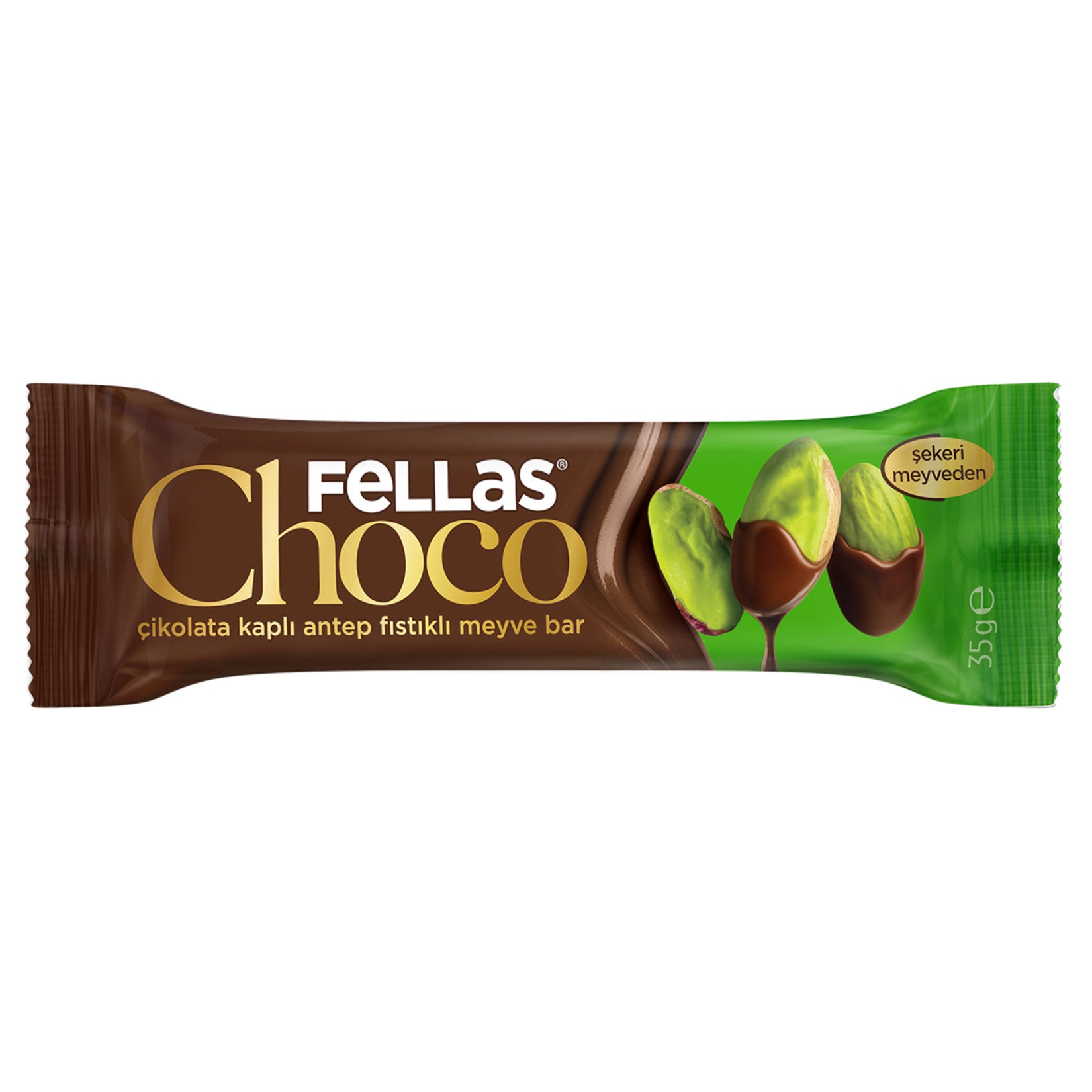 Fellas Antep Pistachio Chocolate Covered Fruit Bar combines naturally sweet dates with crunchy Antep pistachios and rich dark chocolate for a balanced, satisfying snack.