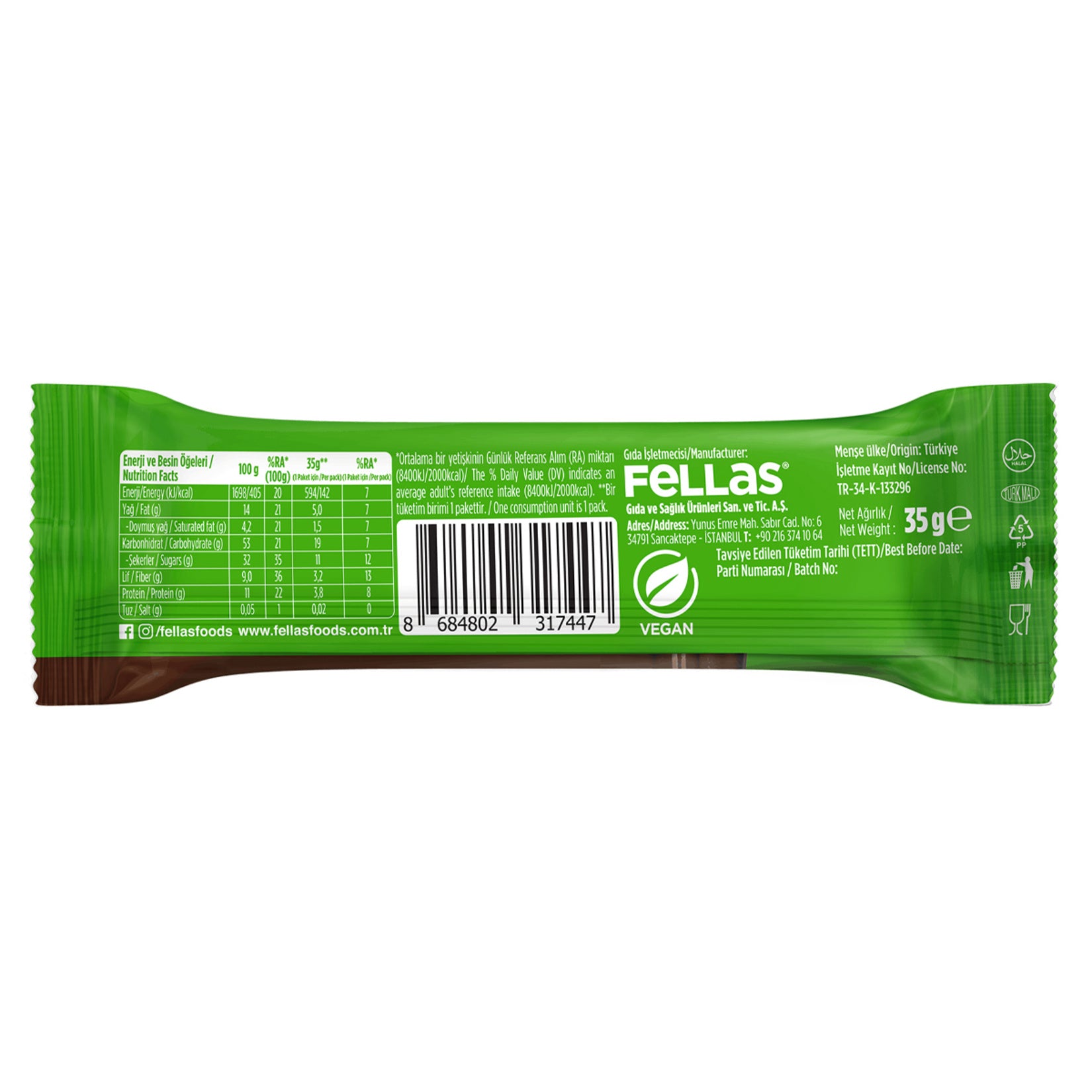 Fellas Antep Pistachio Chocolate Covered Fruit Bar combines naturally sweet dates with crunchy Antep pistachios and rich dark chocolate for a balanced, satisfying snack.