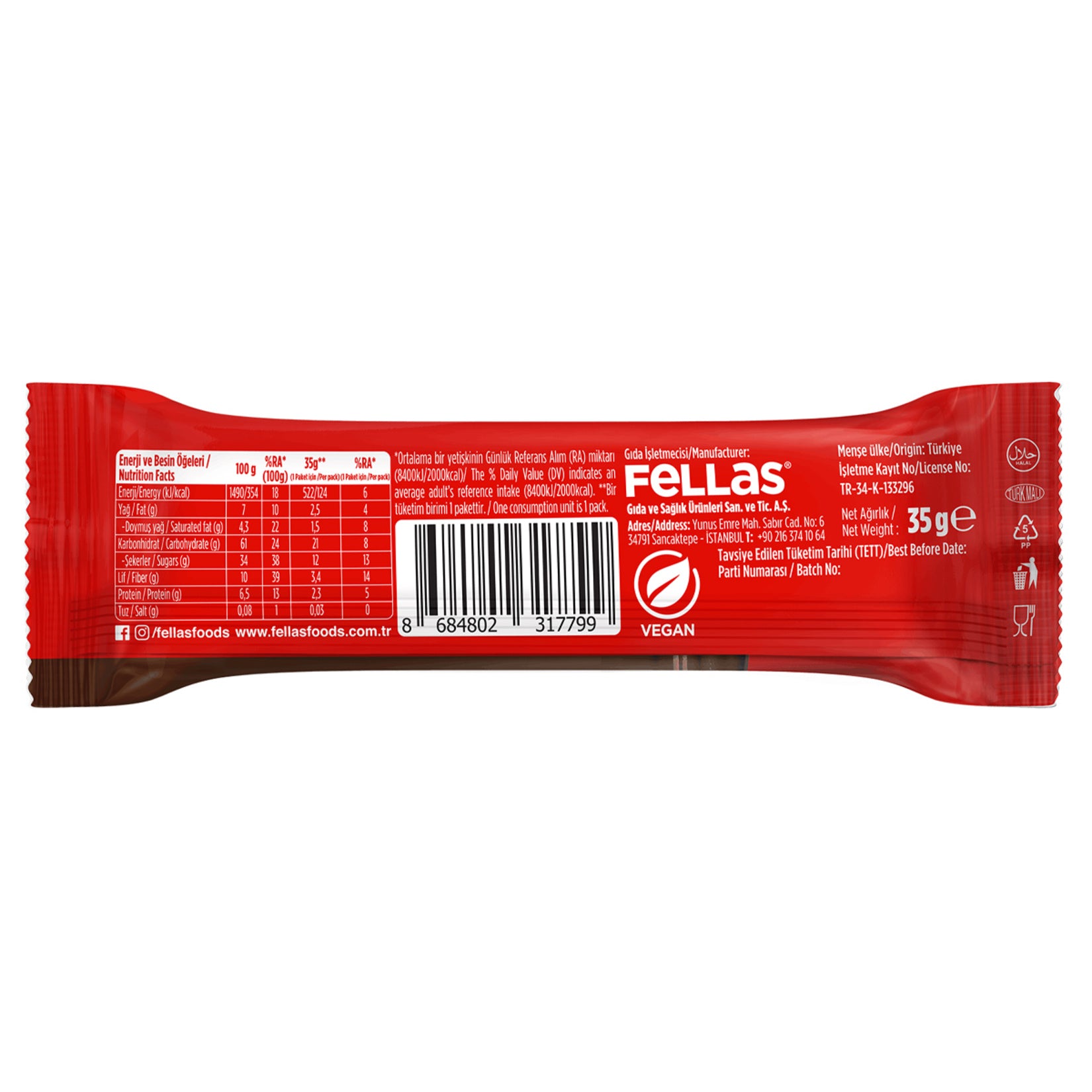 Fellas Double Cacao Chocolate Covered Fruit Bar is a satisfying snack made with naturally sweet dates and coated in rich no added sugar chocolate.