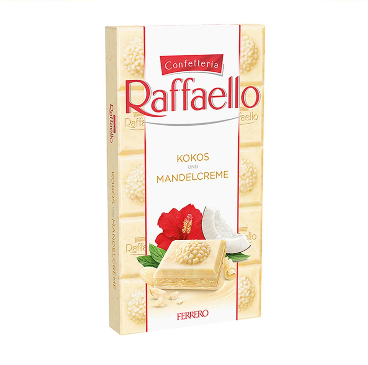 Ferrero Rocher Raffaello Coconut White Chocolate offers a delicate blend of creamy white chocolate, crunchy almonds, and rich coconut cream filling.