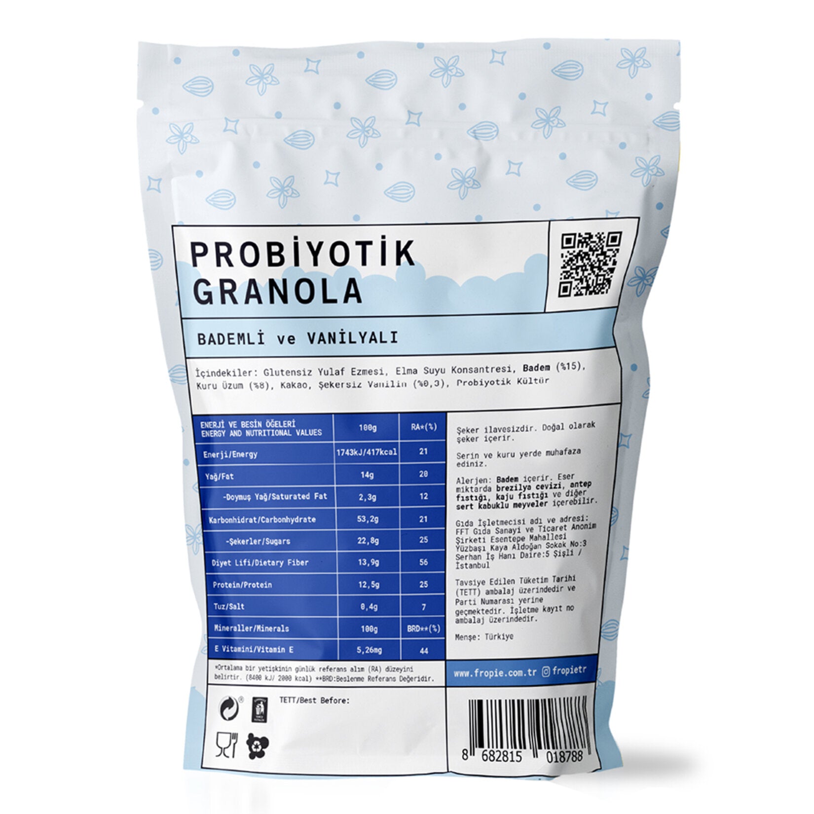 Start your morning with Fropie Almond & Vanilla Probiotic Granola, a wholesome blend of gluten-free oats, crunchy almonds, raisins, and a touch of vanilla.