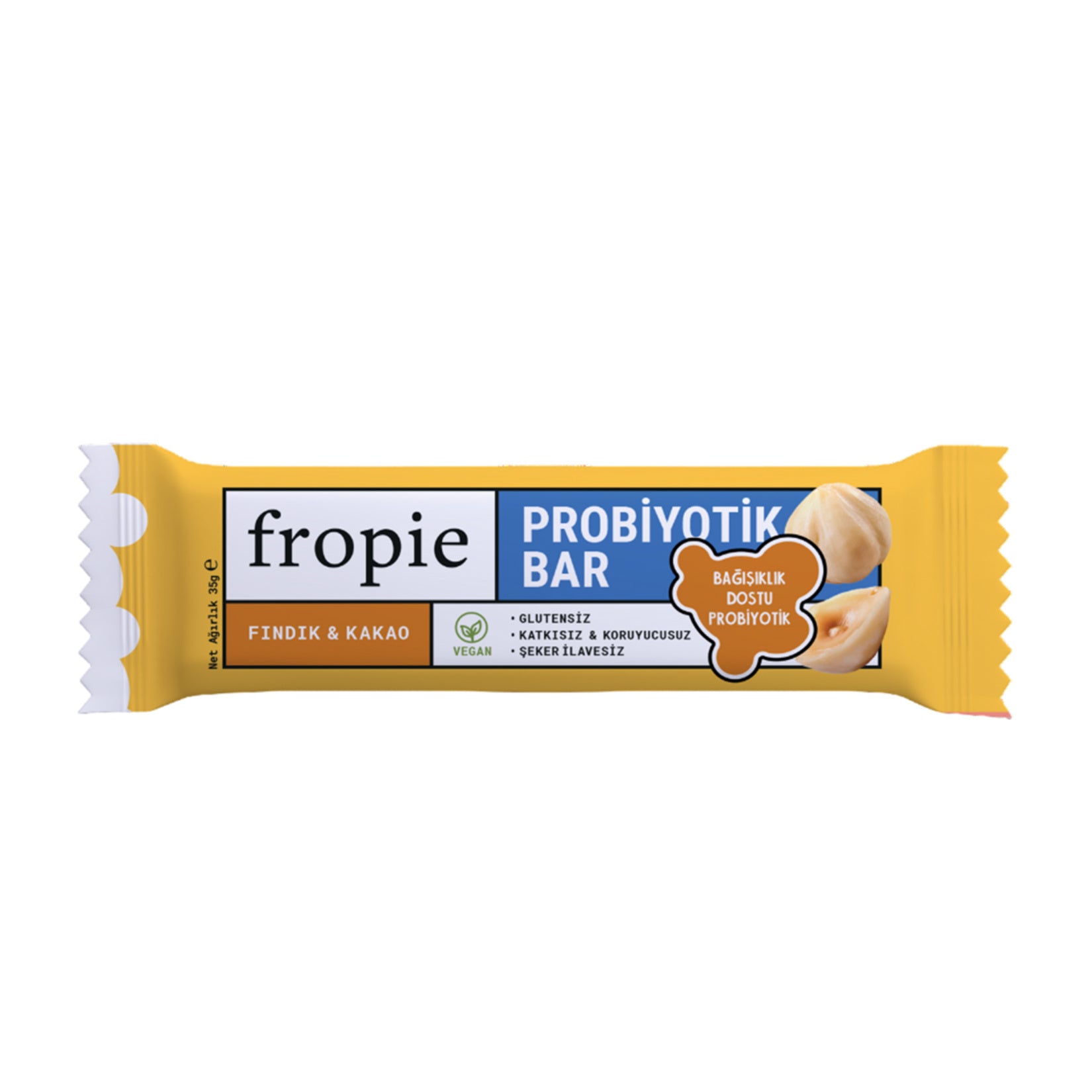 Discover the rich, nutty flavor of the Fropie Hazelnut & Cacao Probiotic Bar—a wholesome snack crafted in Türkiye with clean, plant-based ingredients.