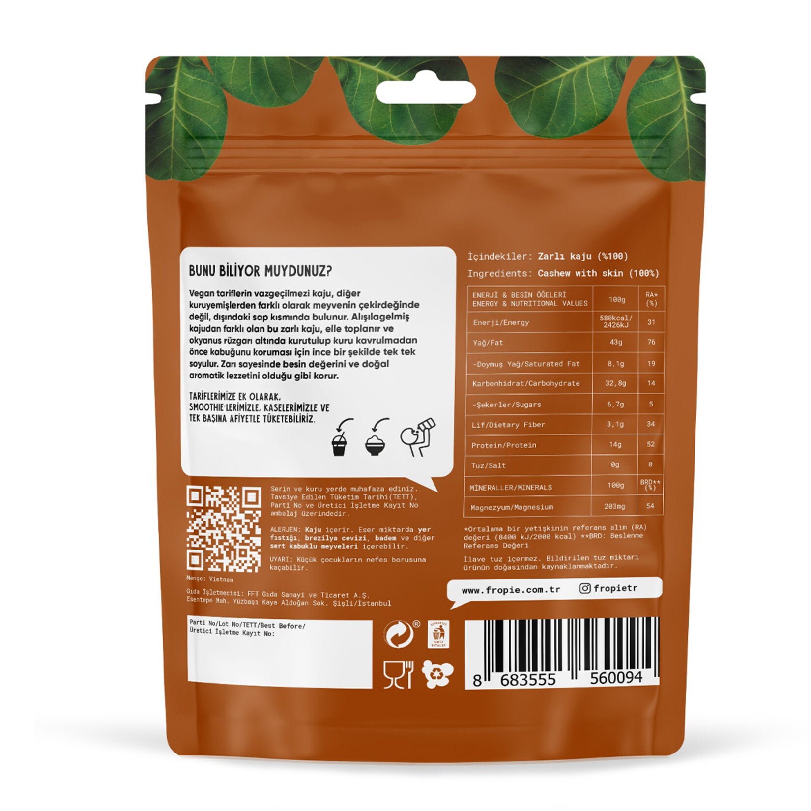 Fropie Oven Roasted Skin-On Cashews bring you the pure, nutty goodness of cashews with their natural skins intact.