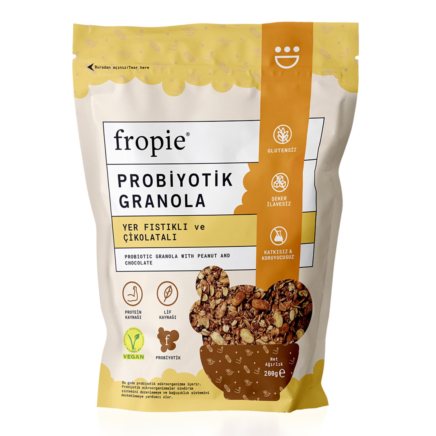 Start your day with Fropie Peanut & Chocolate Probiotic Granola, a deliciously balanced breakfast blend made with gluten-free oats, crunchy peanuts, and rich sugar-free dark chocolate.