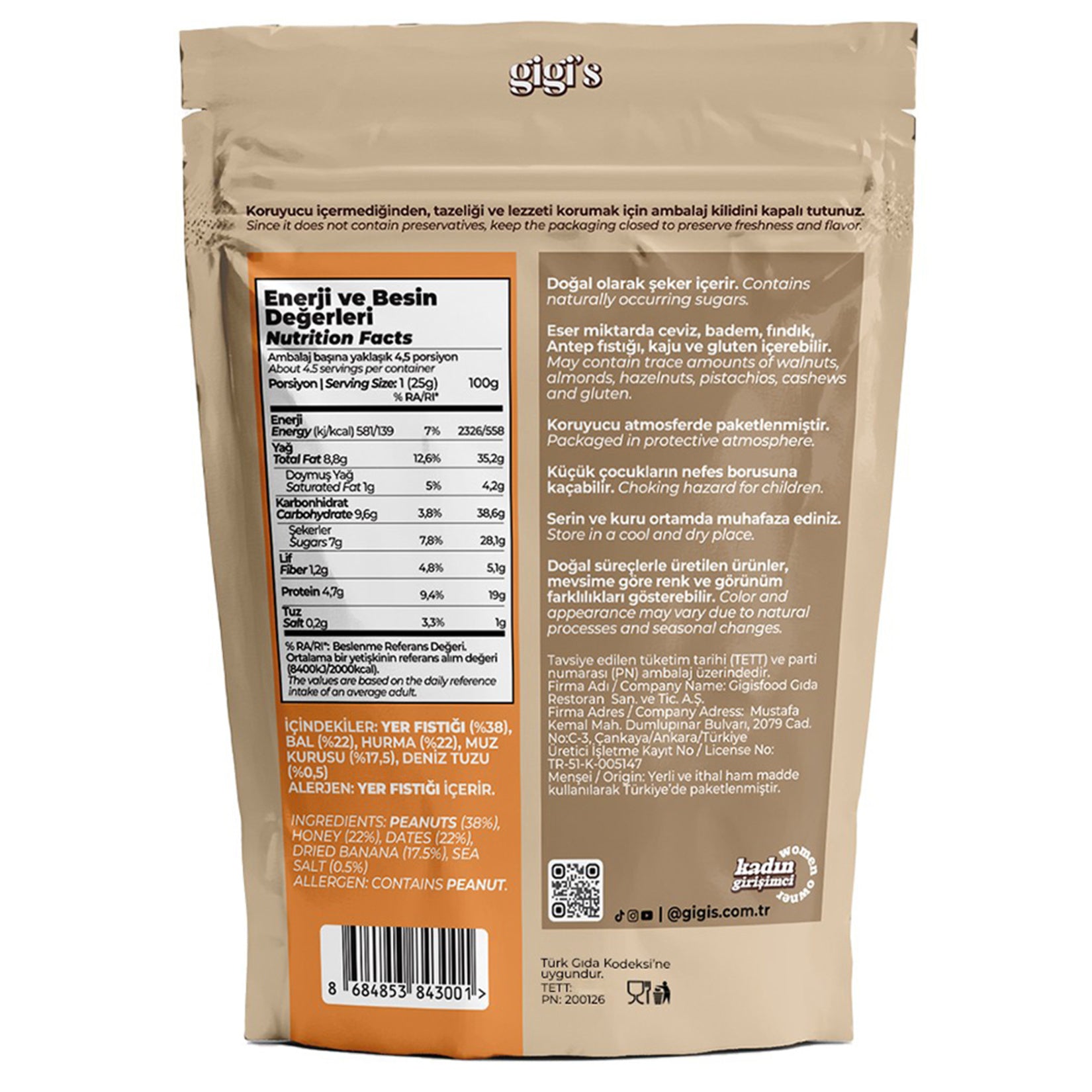 Gigi's Peanut Date Banana Snack brings together roasted peanuts, sweet dates, dried banana, and a touch of honey for a naturally satisfying bite.