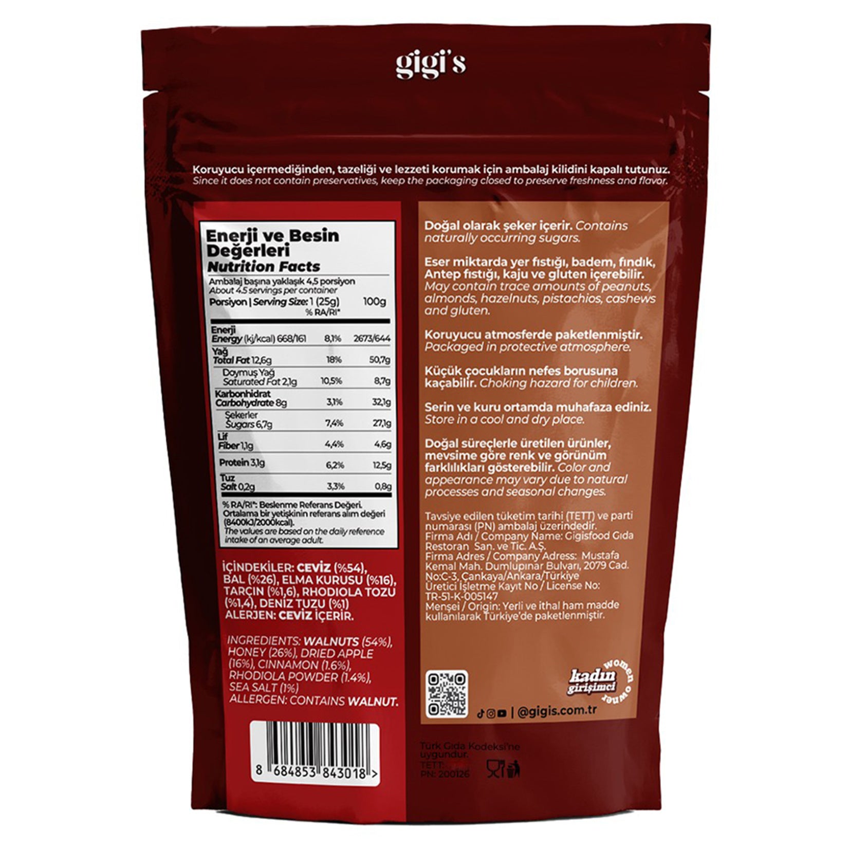 Gigi's Walnut Kernel Dried Apple Mixed Nuts brings together crunchy walnuts, naturally sweet dried apples, golden honey, and a touch of cinnamon for a wholesome and satisfying snack.