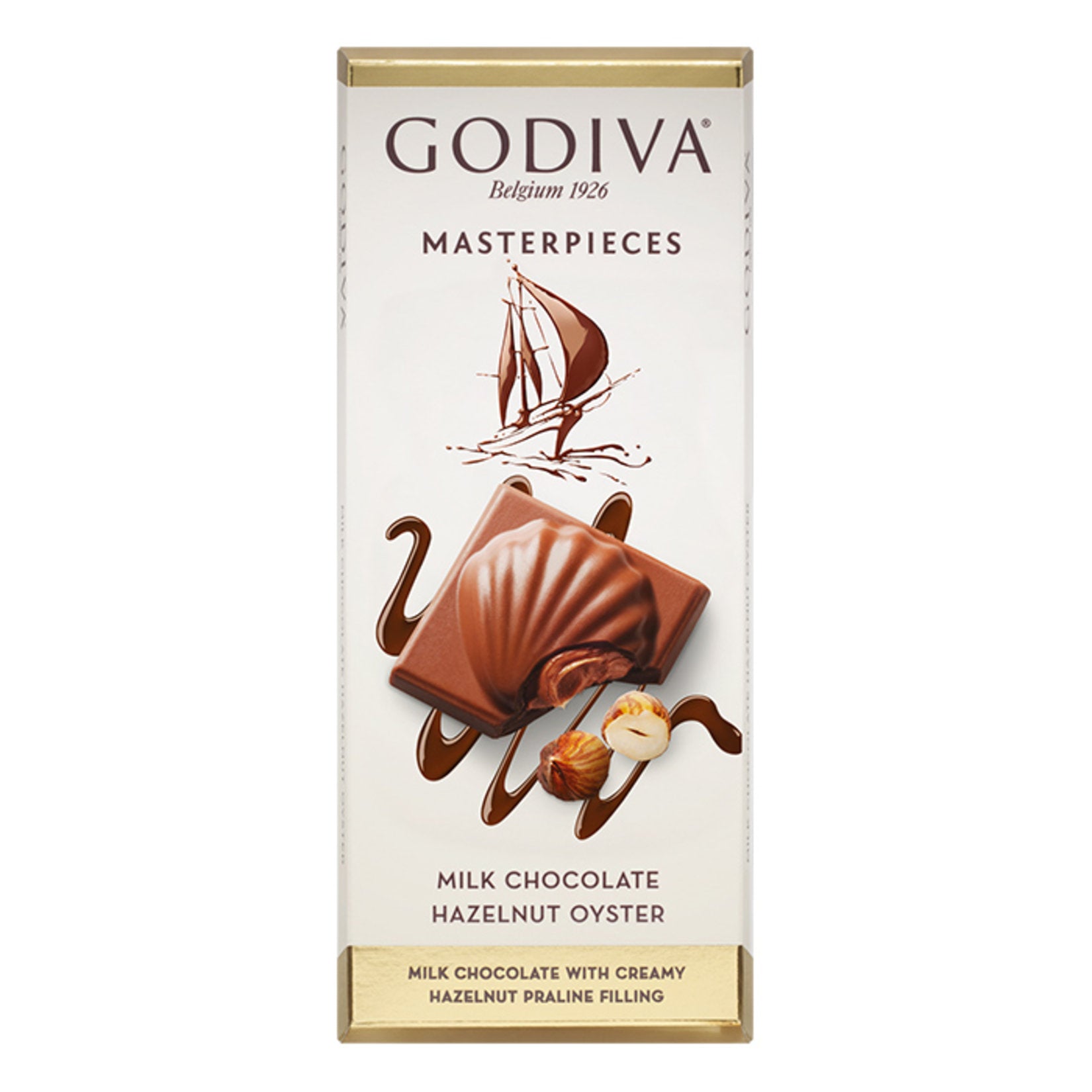 Experience the luxurious taste of Godiva Masterpieces Hazelnut Milk Chocolate Bar, crafted with premium ingredients for a smooth, rich flavor.
