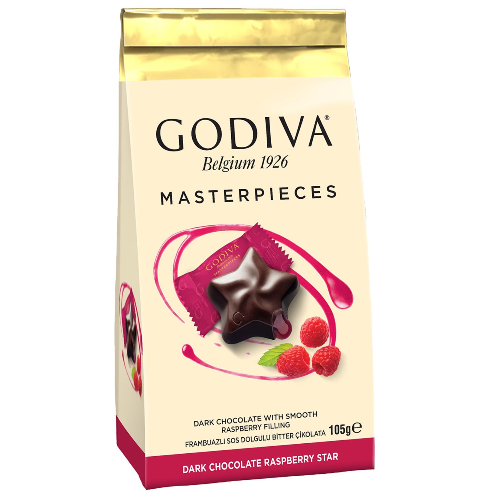 Experience the luxurious taste of Godiva Masterpieces Raspberry Star — a delightful fusion of rich Belgian chocolate and a tangy raspberry filling.