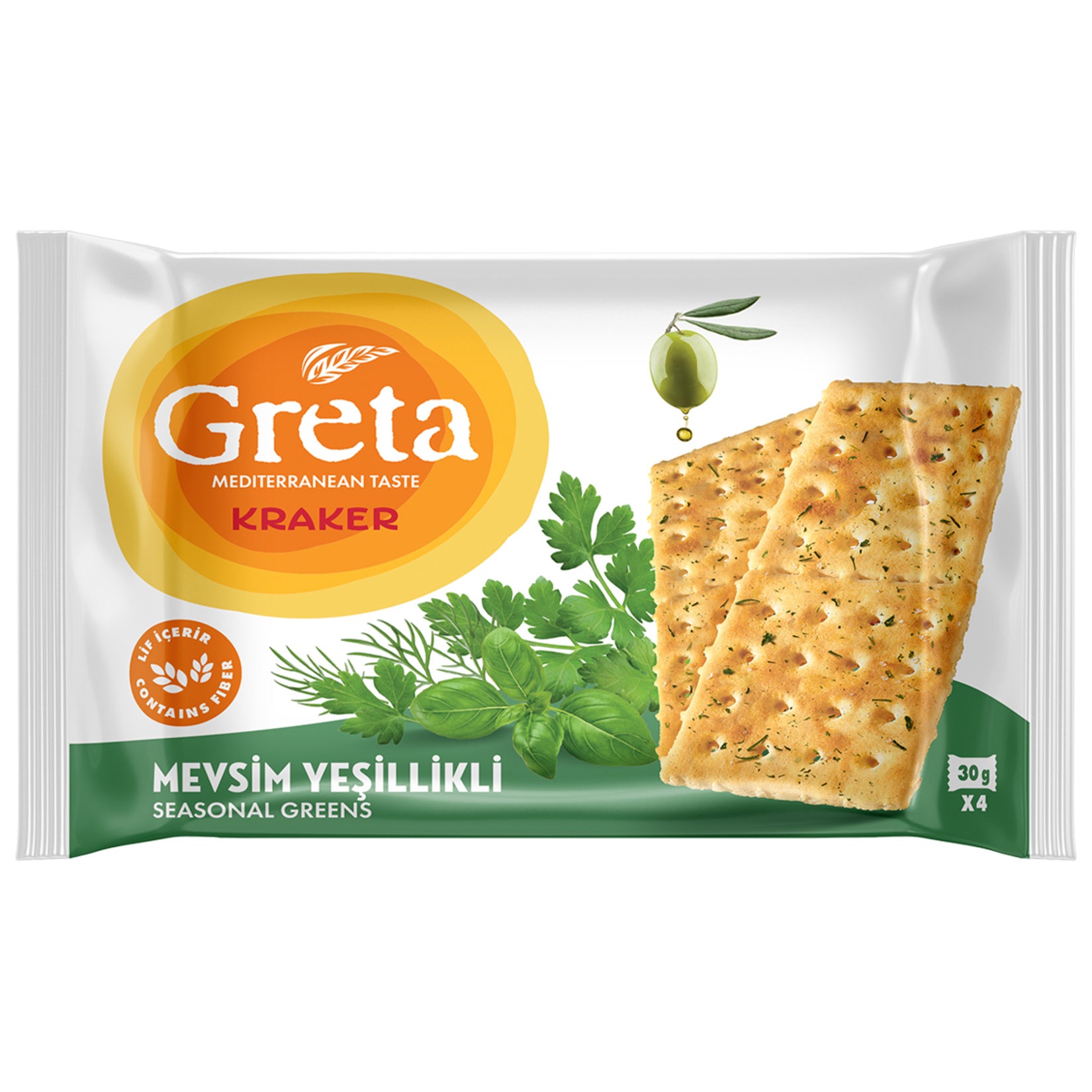 Enjoy the delicious crunch of Greta Seasonal Herb Crackers, a savory snack infused with a flavorful blend of dill, mint, onion, garlic, and parsley.