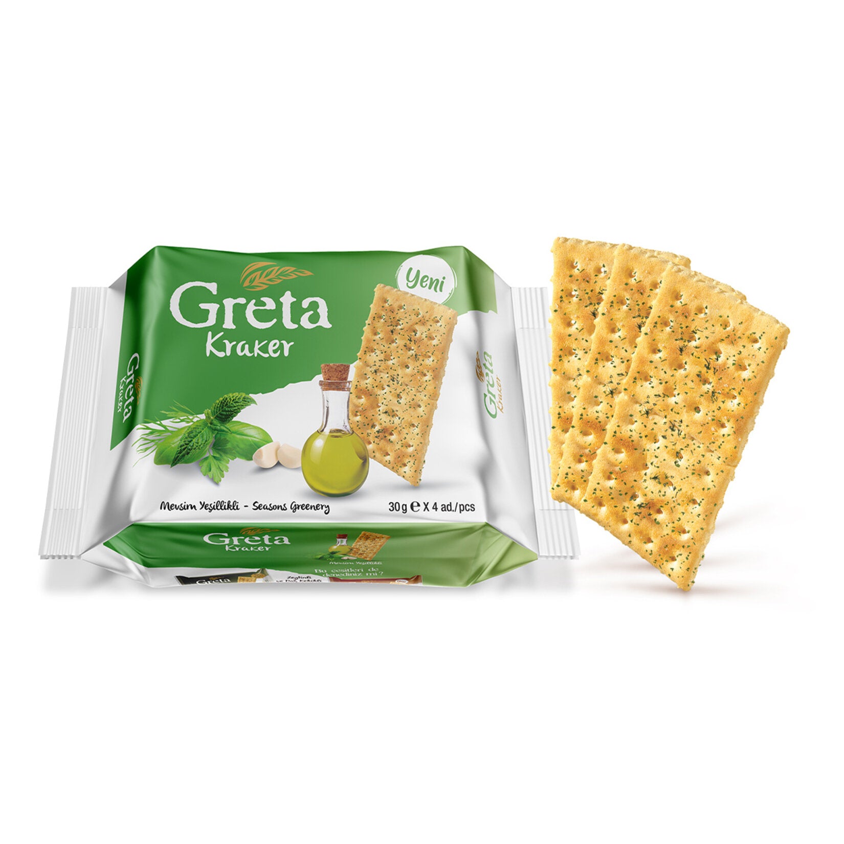 Enjoy the delicious crunch of Greta Seasonal Herb Crackers, a savory snack infused with a flavorful blend of dill, mint, onion, garlic, and parsley.