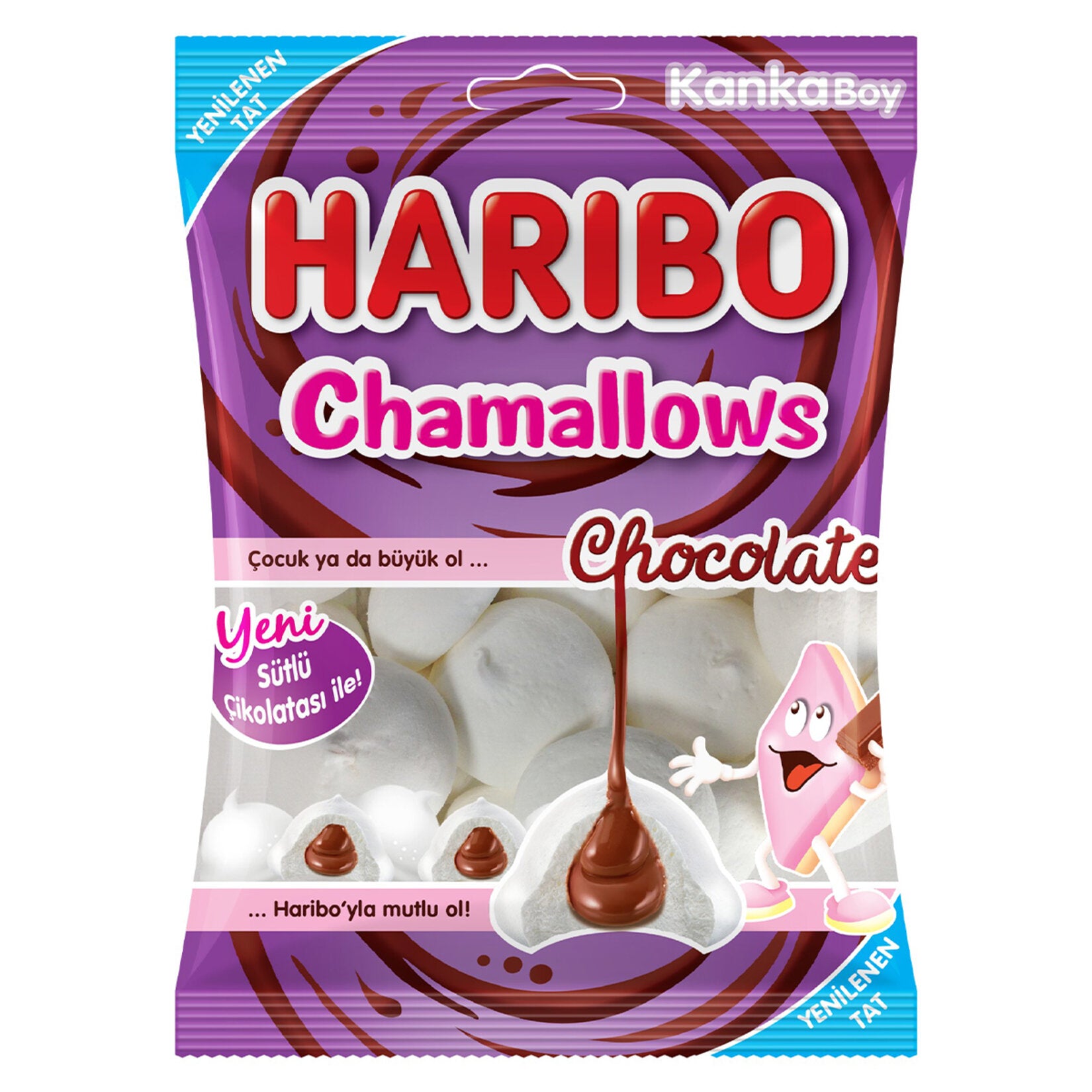 Experience the delightful fusion of soft marshmallow and rich chocolate with Haribo Chamallows Chocolate Filled Marshmallow.