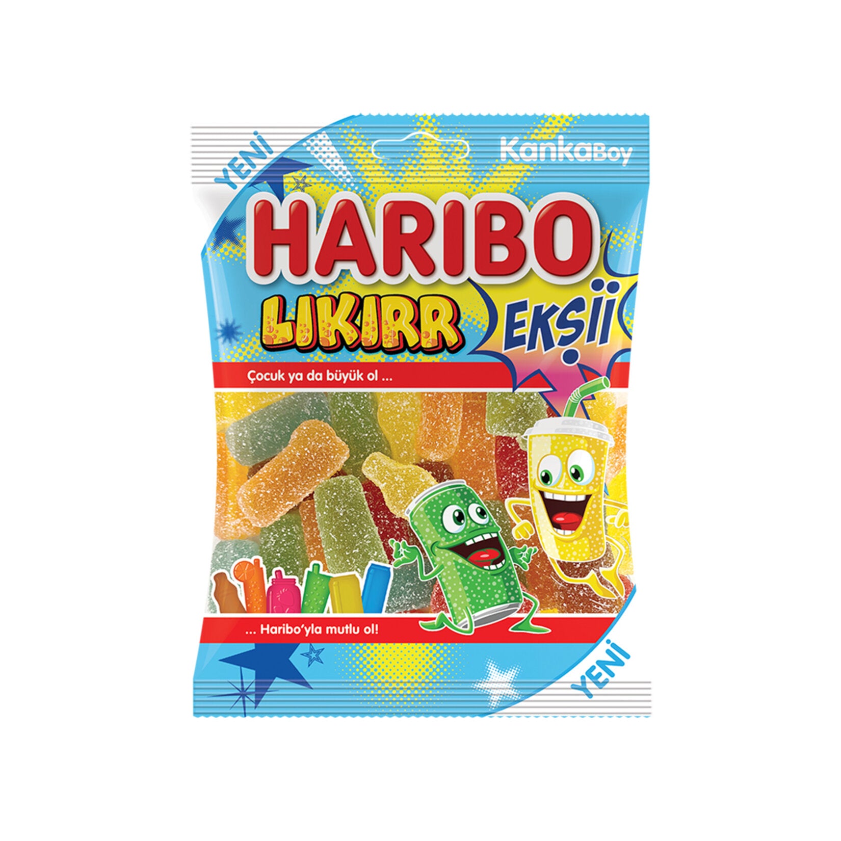 Bring a burst of fruity sourness to your snack time with Haribo Eksi Likirr Sour Gummies.