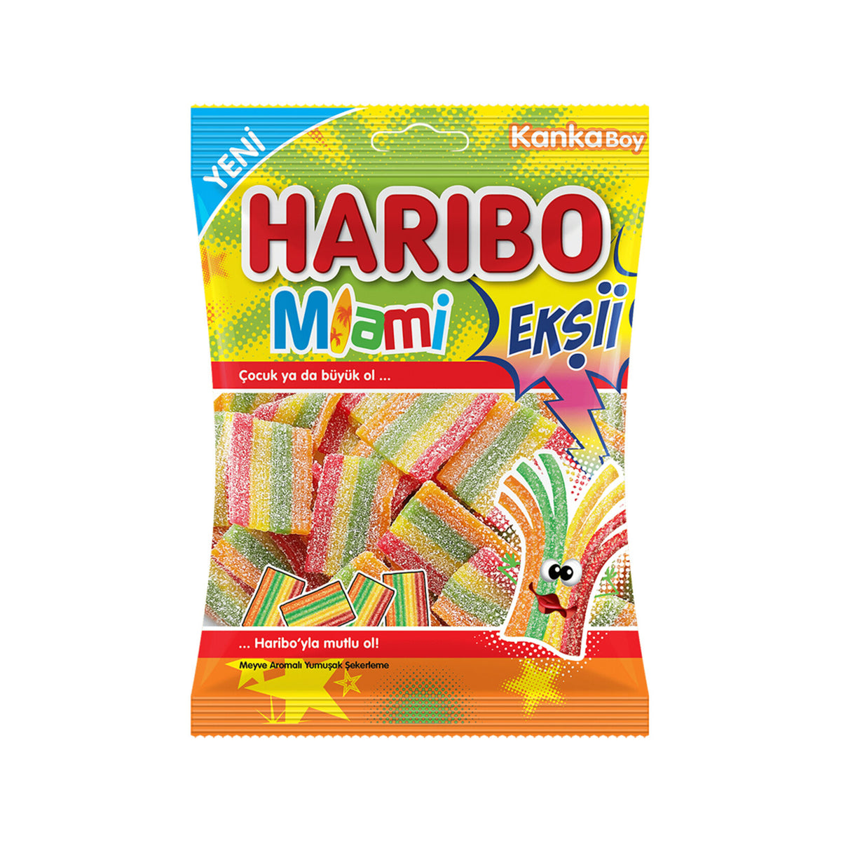 Haribo Miami Eksi brings a tangy twist to your favorite soft gummy candies. These colorful, fruit-fl