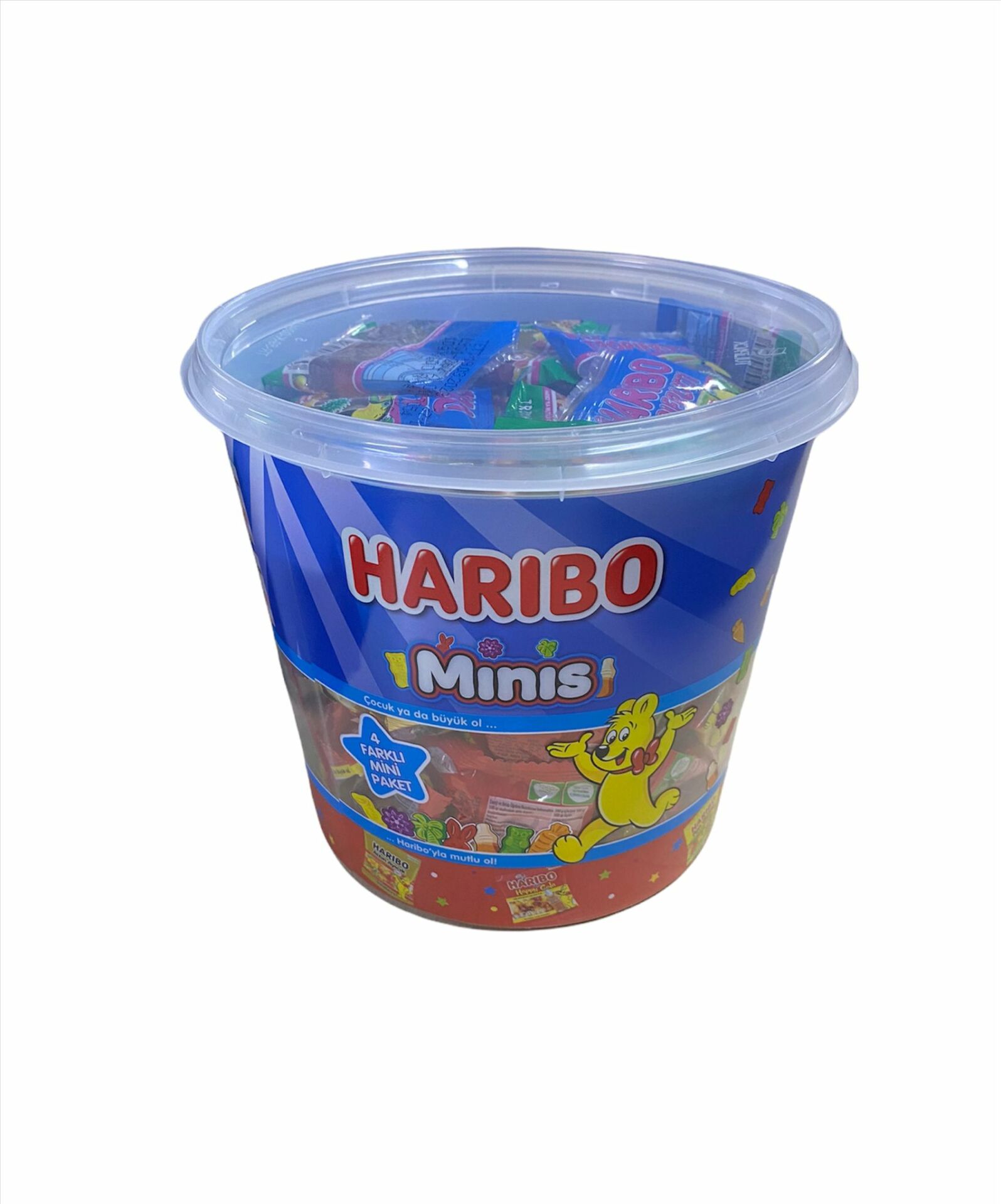 Haribo Minis Bowl includes 4 different types: Haribo Happy Cola, Haribo Fun Gums, Haribo Tropifrutti, Haribo Gold Bears. All in 10 grams packaging.