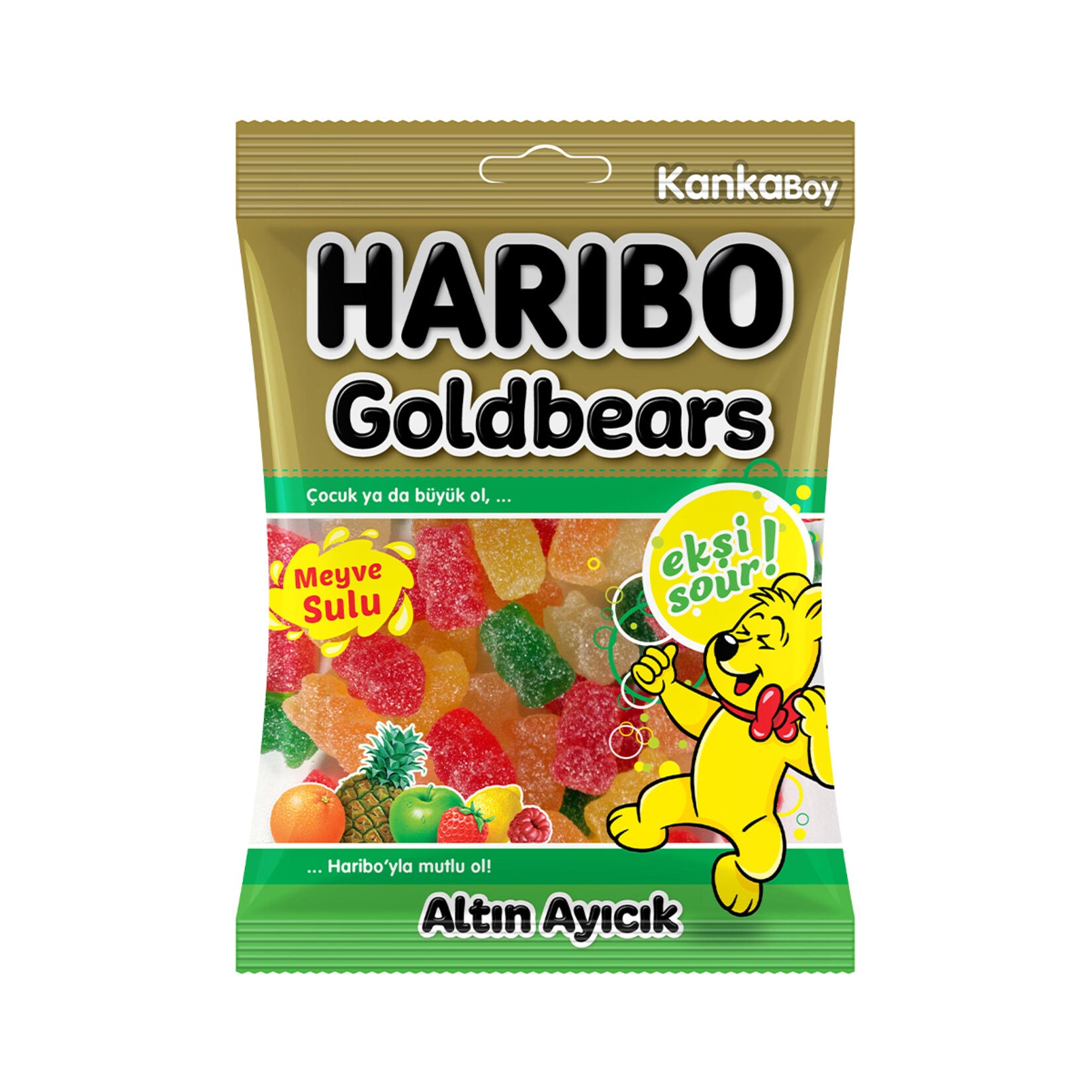 Haribo Sour Goldbears Fruit Juice Gummy Candy brings a tangy twist to the classic gummy bear experience.