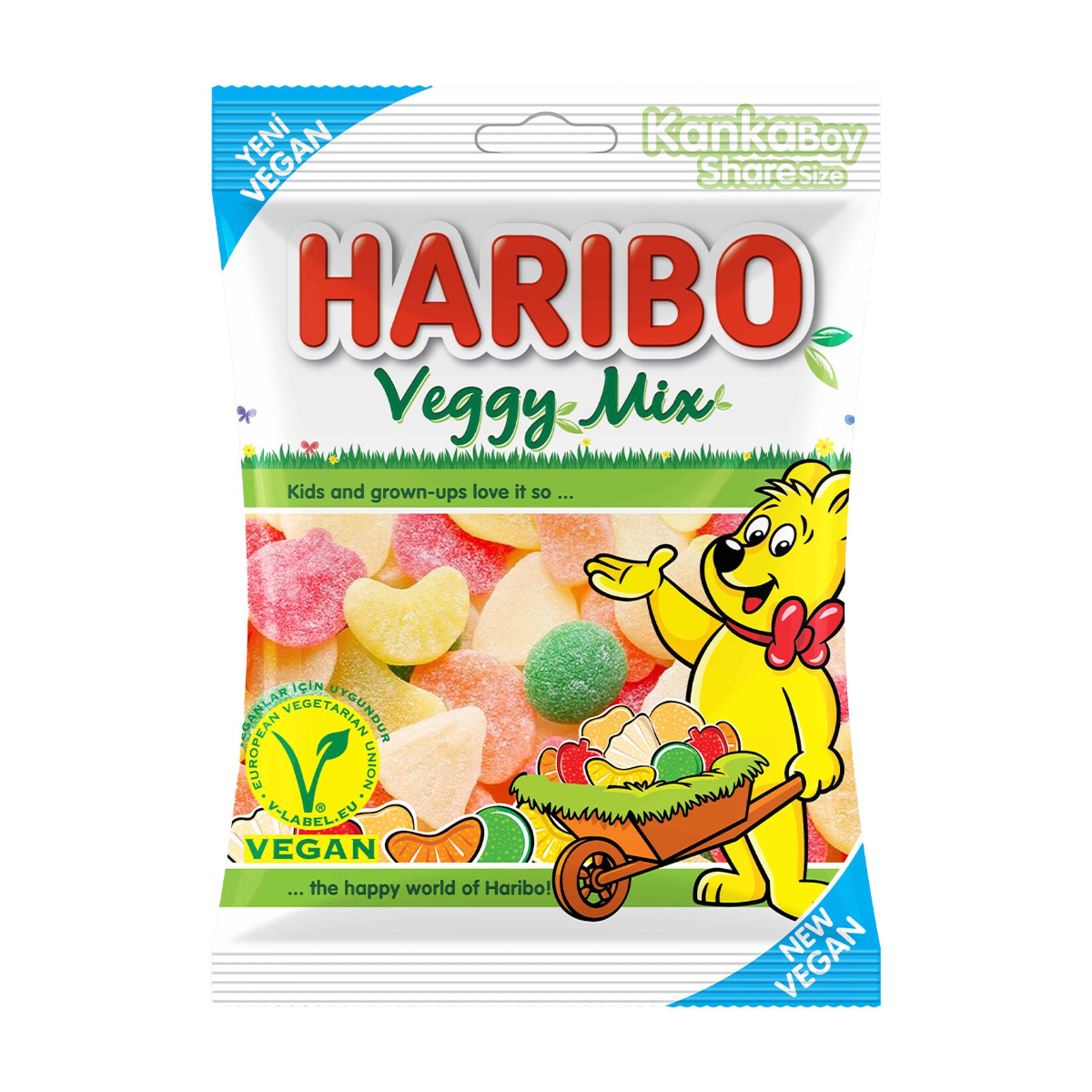 Haribo Veggy Mix Fruit Flavored Soft Candy brings you a colorful and delicious assortment of plant-based gummies made with natural fruit and plant concentrates.