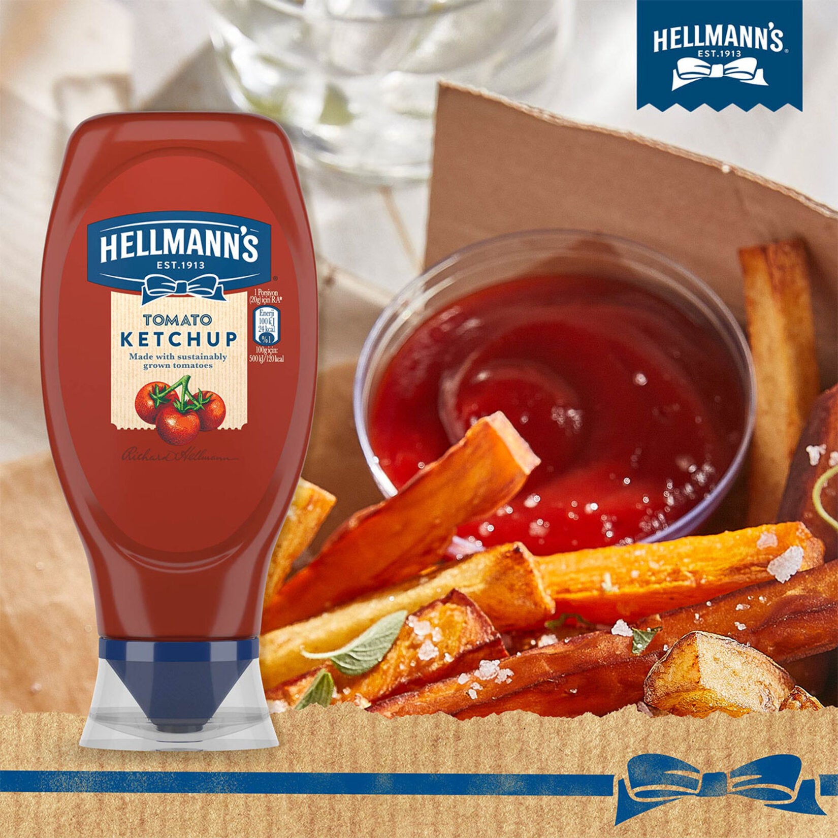 Enjoy the rich, balanced taste of Hellmann's Ketchup, made with quality ingredients for a smooth texture and classic tomato flavor.